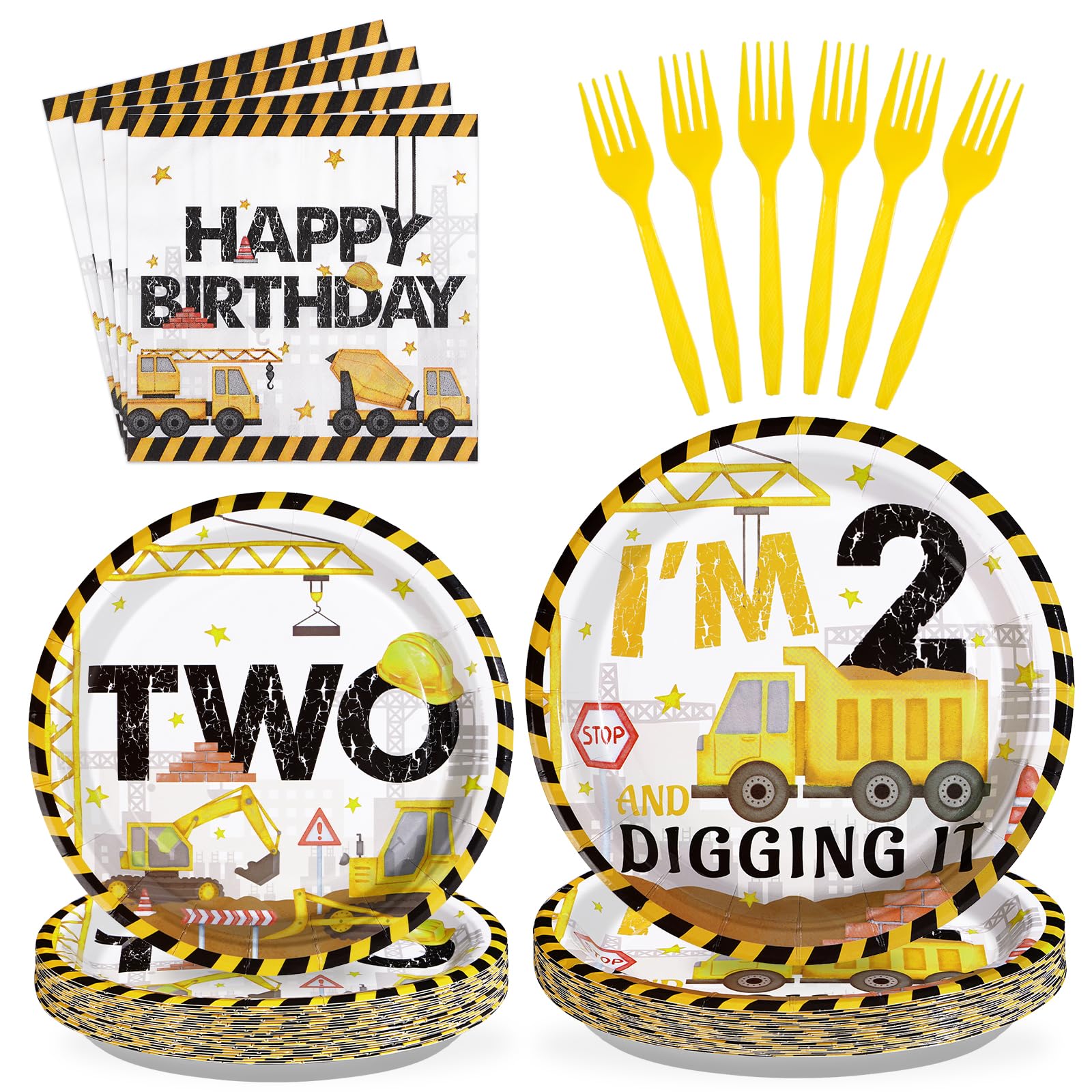 96 Pcs Construction Theme 2nd Birthday Party Supplies - Heavy Duty 350GSM Excavator & Dump Truck Plates, Napkins, Tableware Set for Boys - Perfect for Construction Truck Themed Birthday Decorations & Party Favors (Serves 24 Guests) - Ideal for Toddler Birthday Parties, Construction Lovers, and DIY Party Decorations