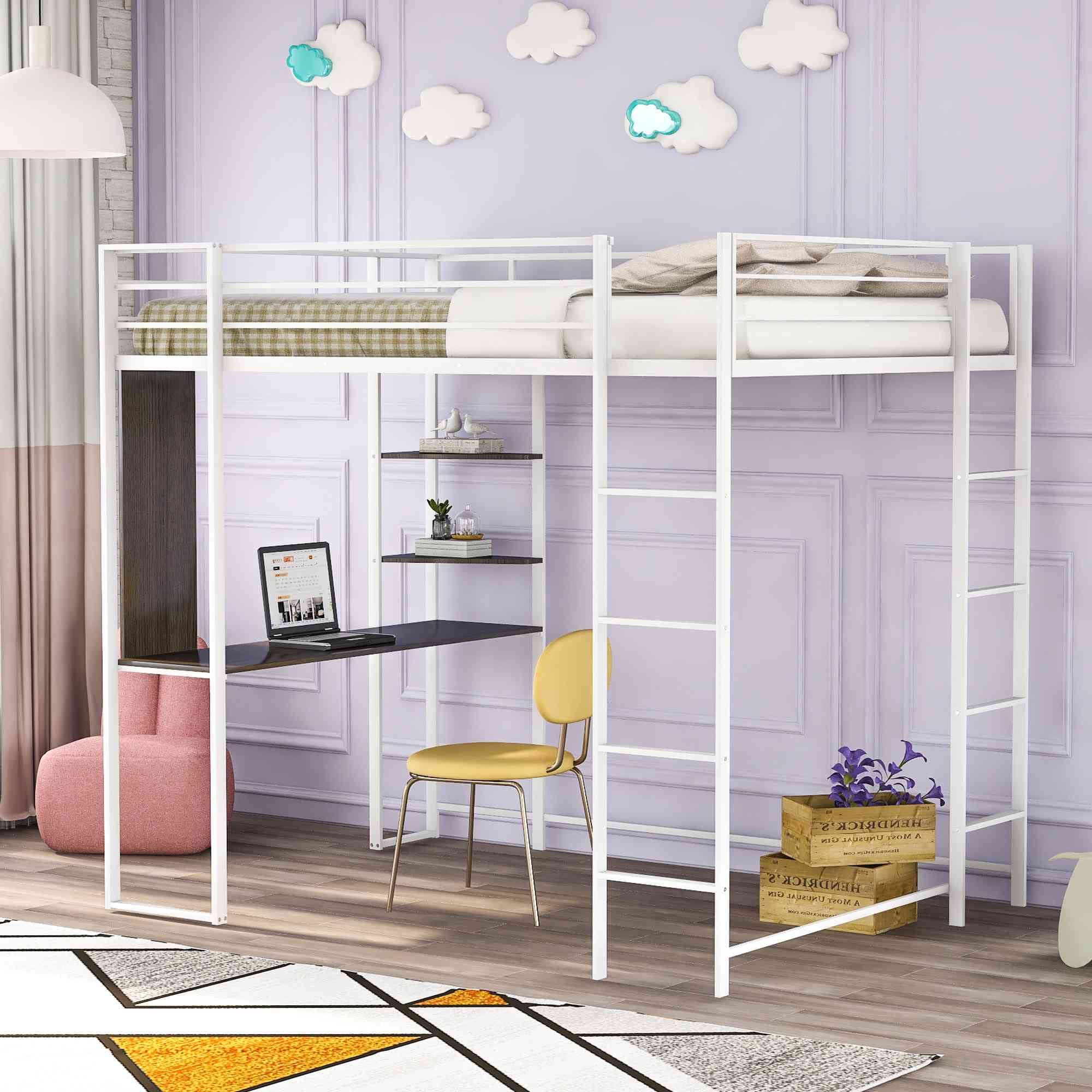 Cotoala Twin Metal Loft Bed with 2 Ladders, Shelves & Desk - Sturdy Steel Bed Frame for Kids & Teens - Space-Saving White Bedroom Furniture - Perfect for Small Rooms, Dorms & Shared Spaces