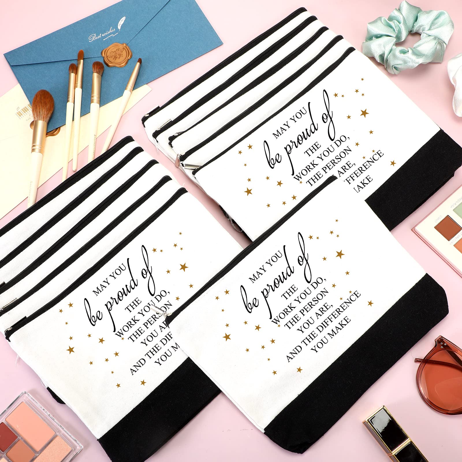 Roowest 20 Pcs Inspirational Makeup Bags for Women - Bulk Cosmetic Pouches with Zipper, Coworker Appreciation Gifts, Employee Recognition Week, Social Worker Gifts (White, Proud) - Perfect for Office Celebrations, Team Building Events & Thank You Presents