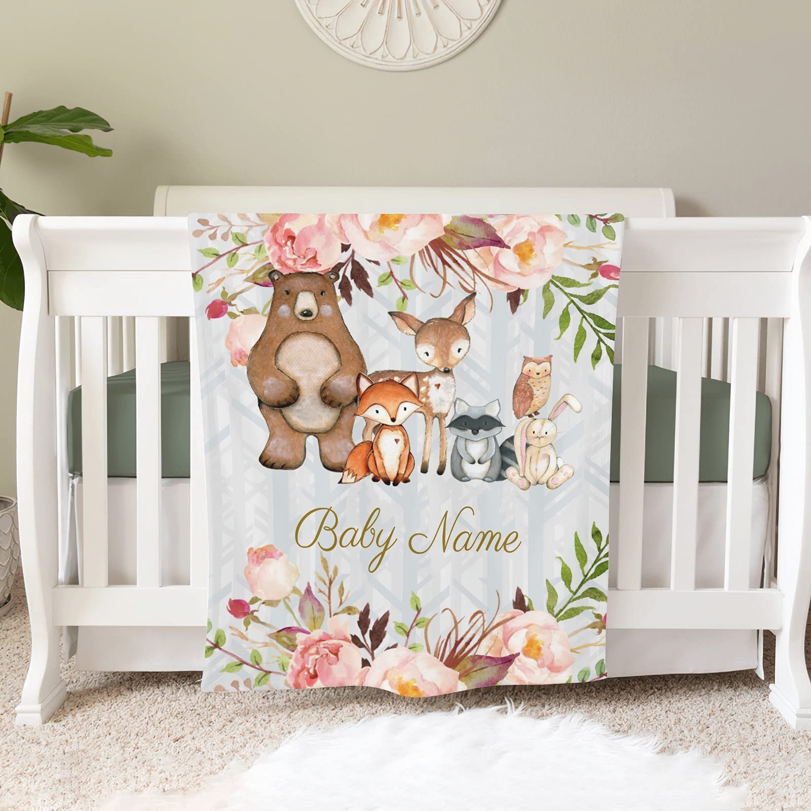 Personalized Floral Woodland Forest Animals Baby Blanket - Custom Bear Fox Deer Fleece Blanket for Boys & Girls - Super Soft 30x40 Inch Baby Shower, Birthday, Wedding Gift - Perfect for Nursery, Travel & Photo Shoots
