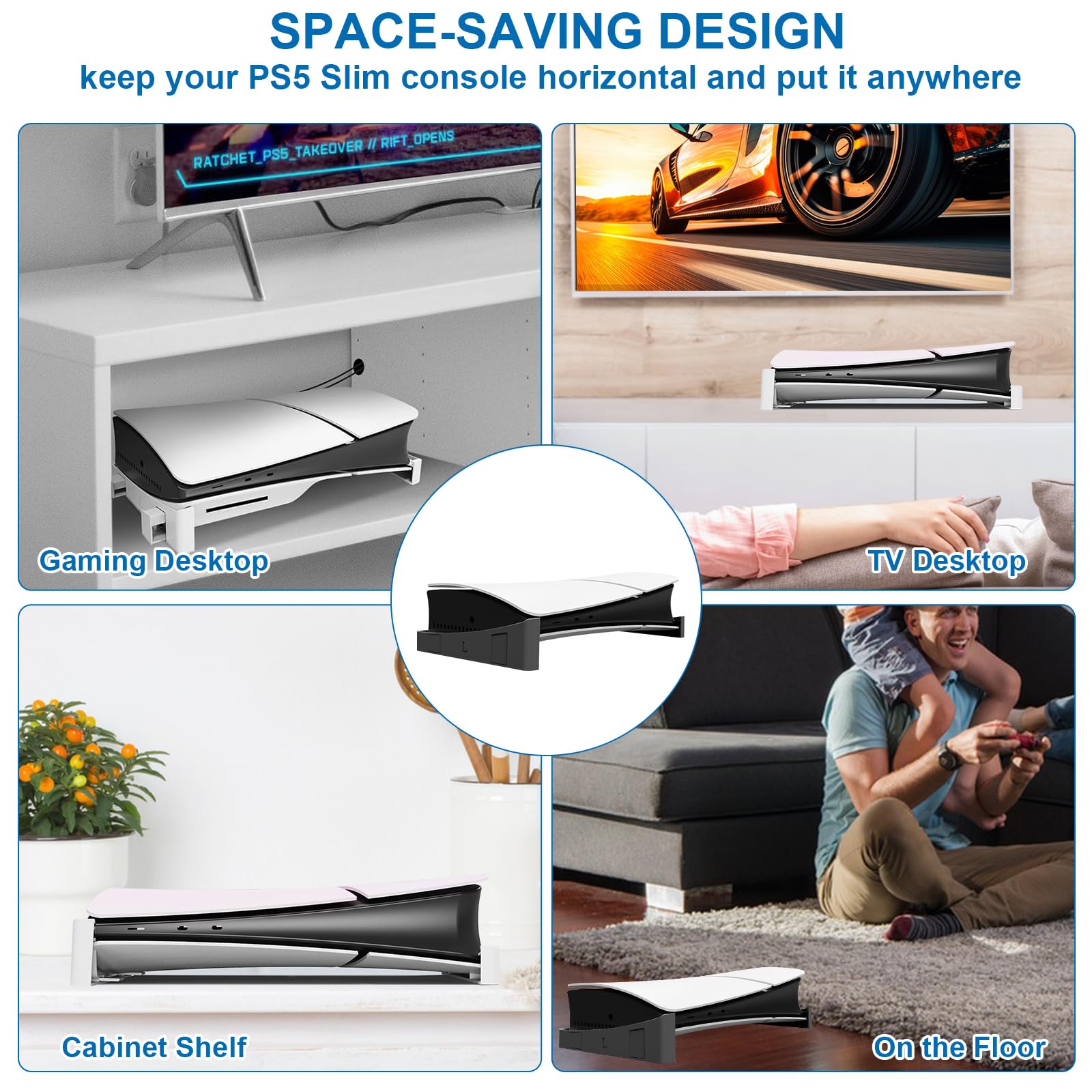 Nspiel Horizontal Stand for PS5 Slim Console - Minimalist Design Accessories Compatible with PS5 Slim Digital & Disc Editions - White Base Stand for Gaming Setup & Living Room Organization