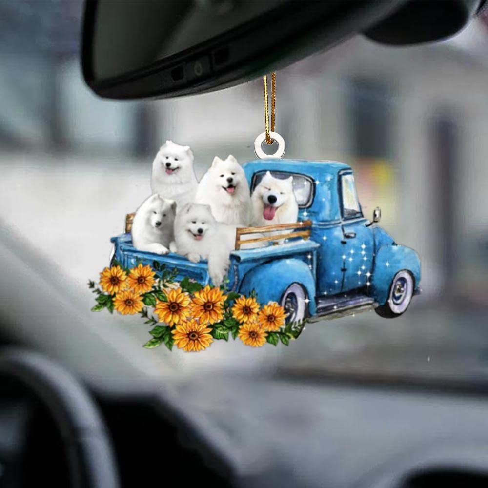 Samoyed Dog Blue Truck Car Hanging Ornament - 2-Sided Classic Car Decor for Dog Lovers - Perfect Gift for Dog Moms & Dads on Mother's Day, Father's Day - Ideal for Car Interior Decoration & Pet Lover Gifts