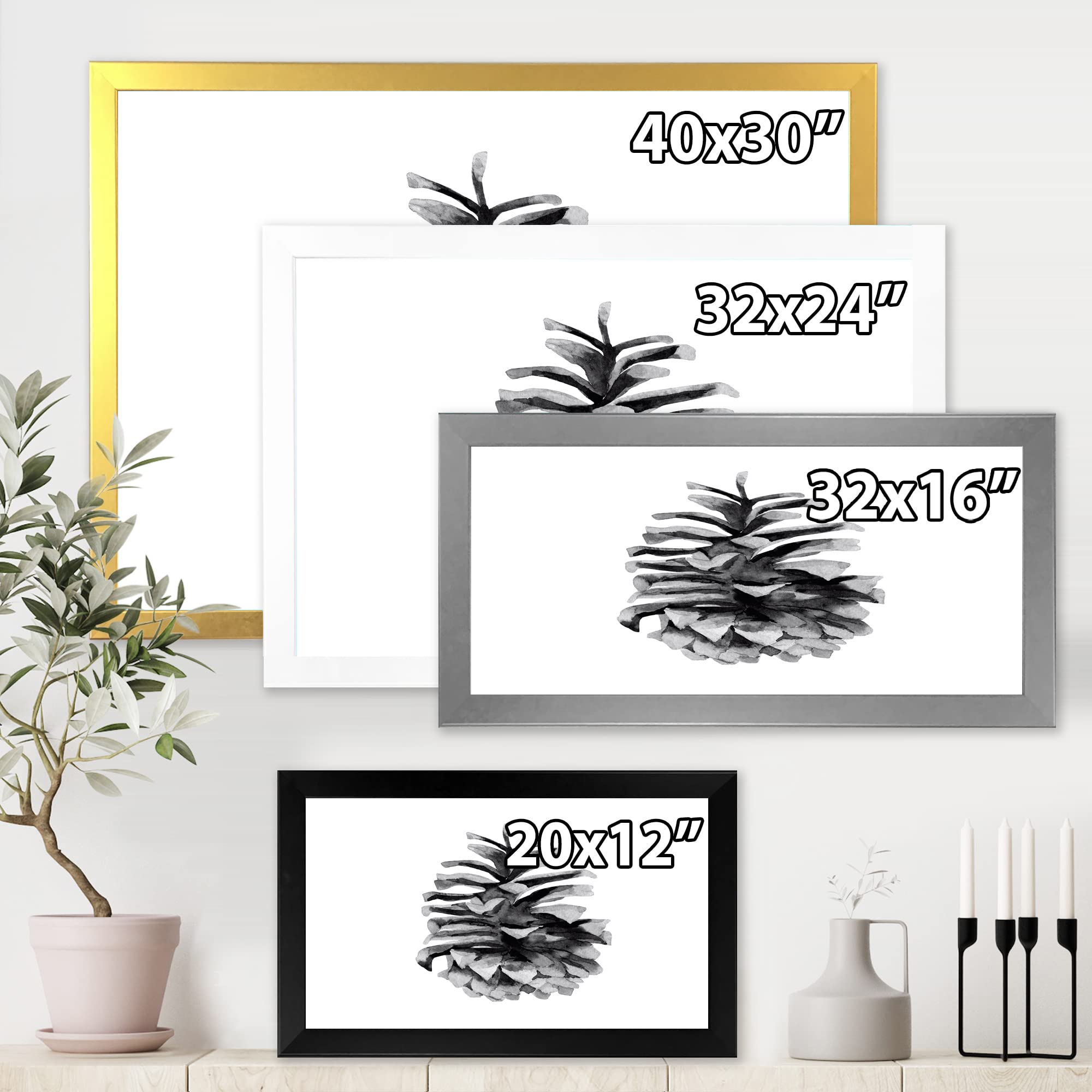 DesignQ Conifer Cone Monochrome Traditional Framed Wall Art - Elegant Home Decor for Living Room, Bedroom & Office