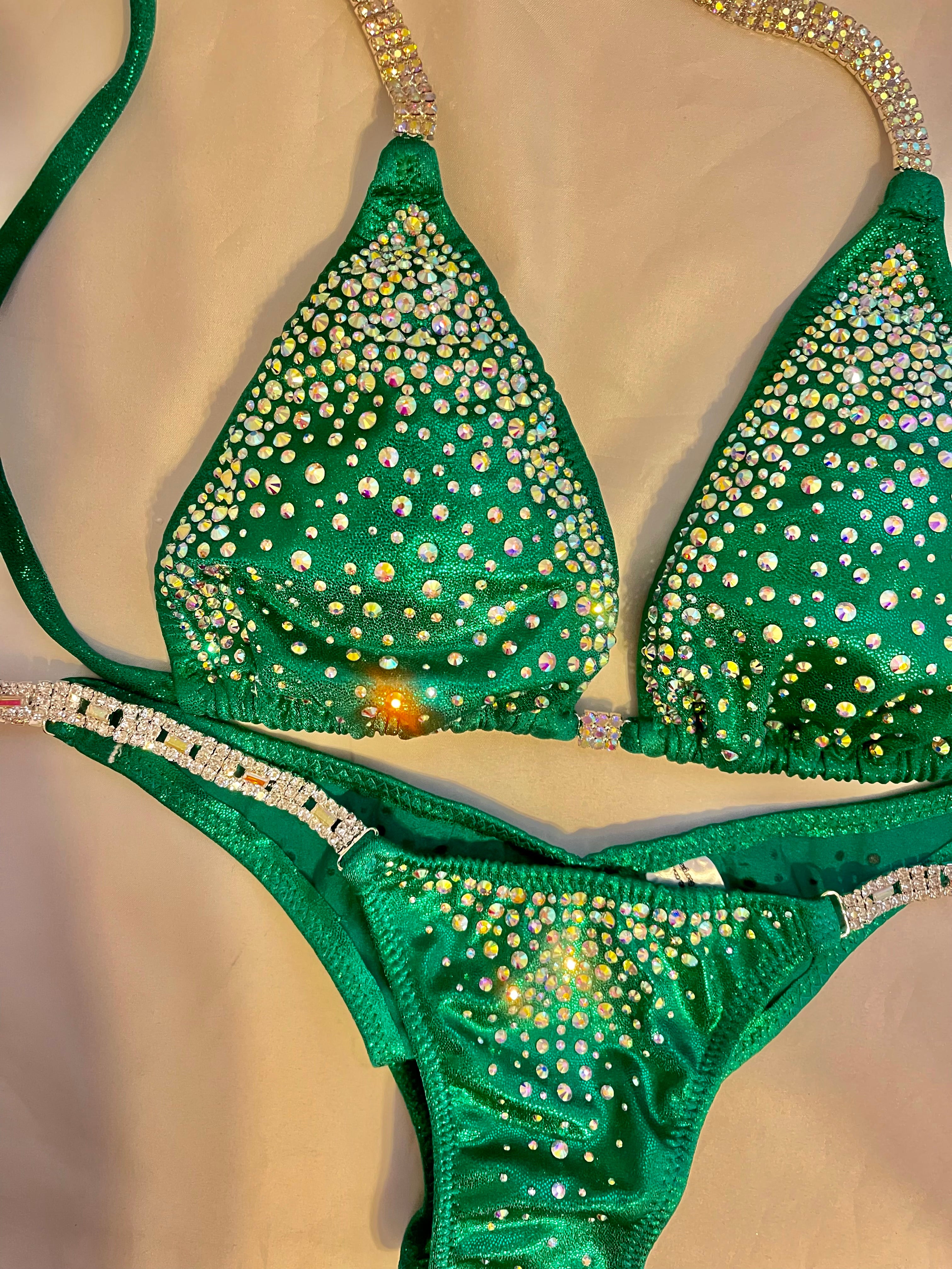 Stunning Emerald Green Bikini Competition Suit with Rhinestone Burst - Perfect for Pageants, Bodybuilding Shows & Swimwear Contests
