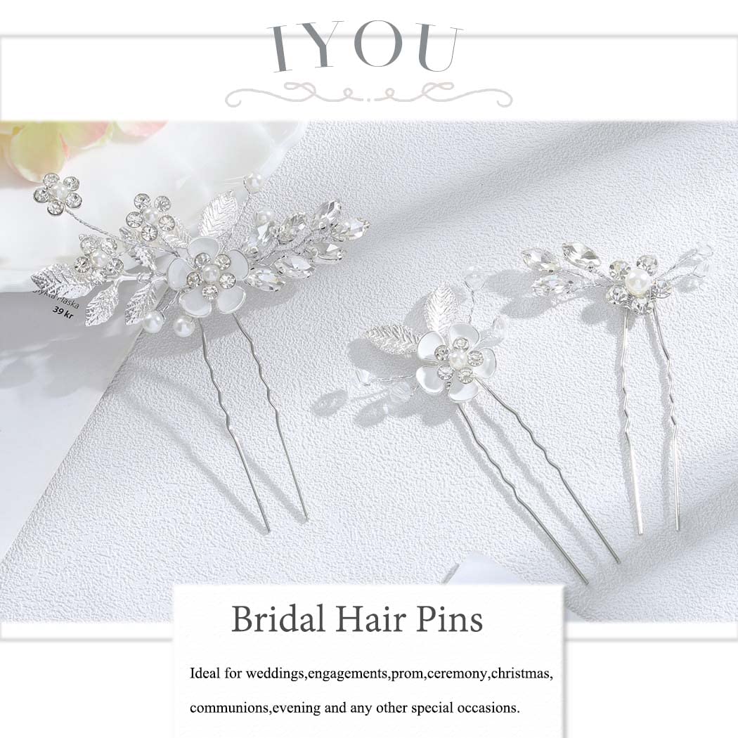 **IYOU Silver Flower Bridal Hair Pins – Crystal Wedding Hair Accessories for Women (Pack of 3) – Perfect for Weddings, Prom, Communion & Special Occasions**
