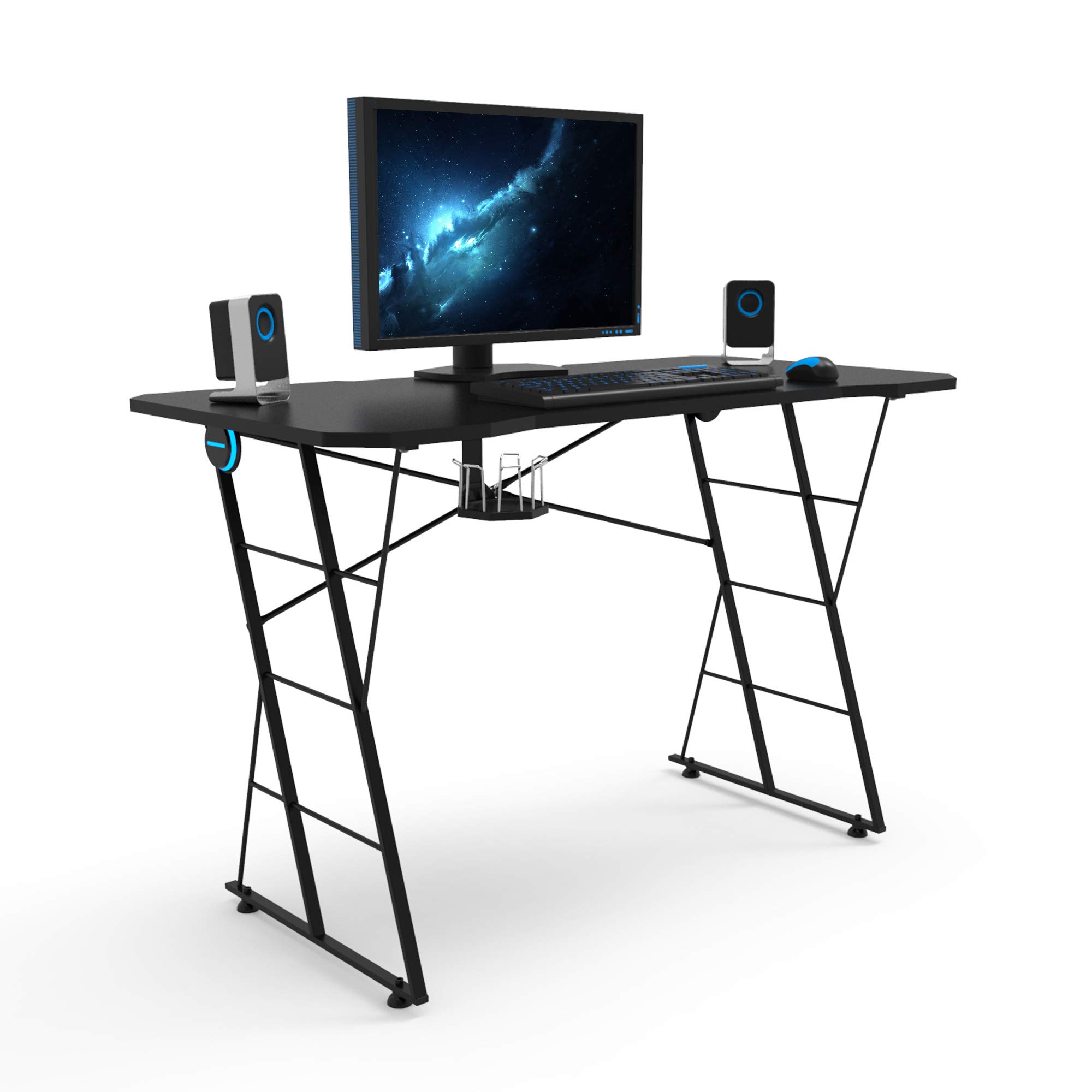 HomVent 47-inch LED Gaming Desk - Z-Shaped Ergonomic Computer Desk with Cup Holder, Headphone Hook, Monitor Riser & Cable Management for PC Gamers - Perfect for Streaming, Esports & Home Office Setup (47.24