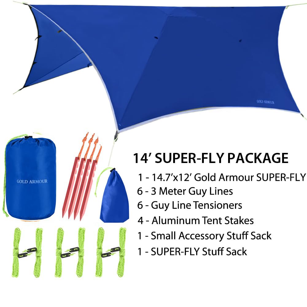 Gold Armour Waterproof Rainfly Tarp for Hammock & Tent - Lightweight Camping Rain Cover, Survival Gear & Essential Outdoor Accessories (Blue) - Perfect for Backpacking, Hiking & Emergency Shelter Protection