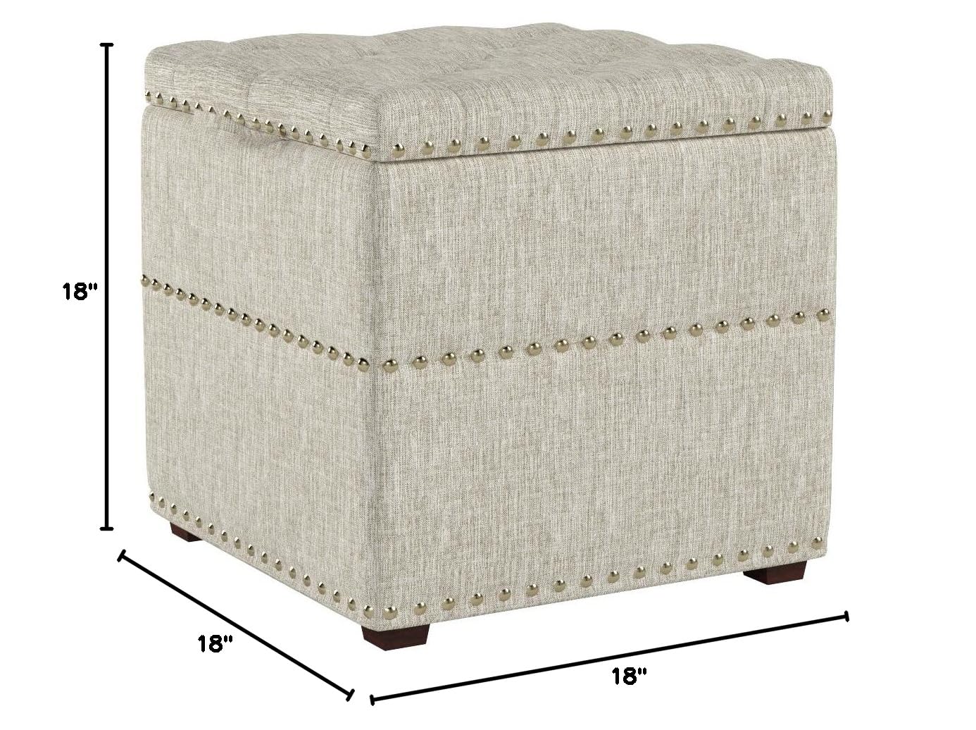 Square Storage Ottoman Bench with Removable Tray - Upholstered Foot Stool with Nailhead Trim in Beige - Perfect for Living Room, Bedroom & Entryway Organization