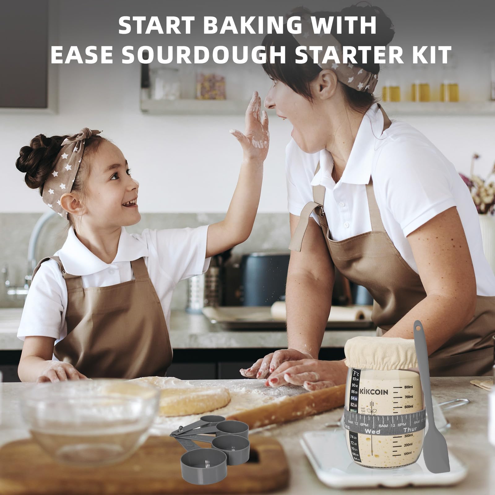 Kikcoin Sourdough Bread Starter Kit - 35oz Large Glass Jar Set of 2 with Feeding Band, Thermometer & Baking Tools for Homemade Artisan Bread | Perfect for Bakers, Beginners & Bread Making Enthusiasts | Ideal for Kitchen, Gifts & DIY Baking Projects