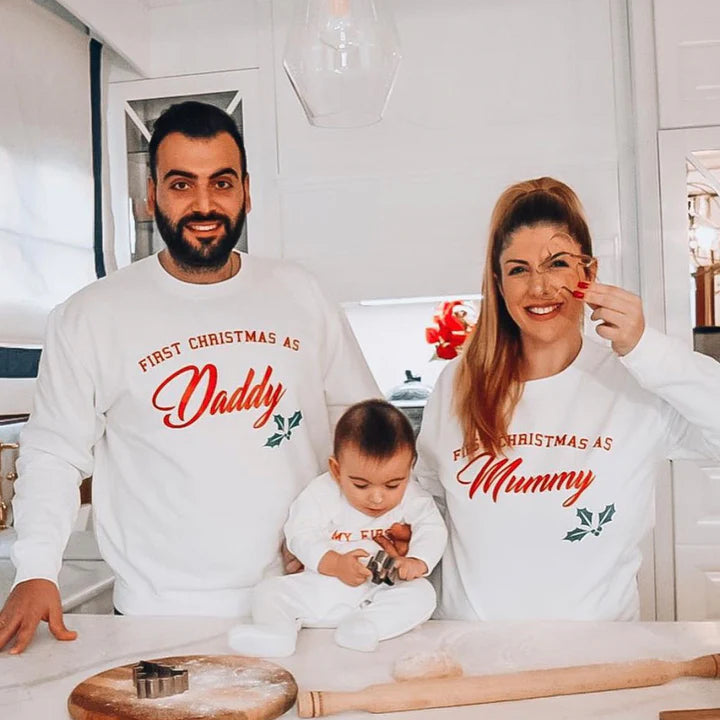 CLR First Family Christmas Sweatshirt & Romper Set - White Holiday Matching Outfits for Family Photos & Festive Gatherings