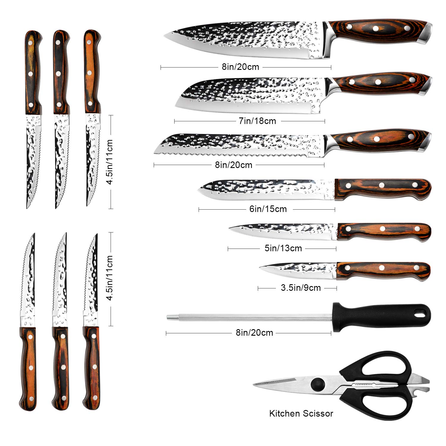 15-Piece Premium Japanese Stainless Steel Kitchen Knife Set with Wooden Block - High Carbon Hammered Chef Knives, Steak Knives & Self-Sharpening System - Perfect for Home Cooking, Professional Chefs & Gourmet Food Preparation