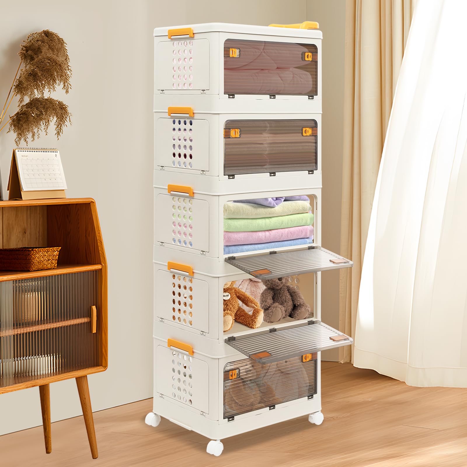 5-Tier Rolling Foldable Storage Organizer with Wheels & Side Basket - Collapsible Plastic Storage Cabinet for Bedroom, Living Room, Kitchen & Bathroom - Space-Saving Closet Organizer for Home, Office & Dorm Use