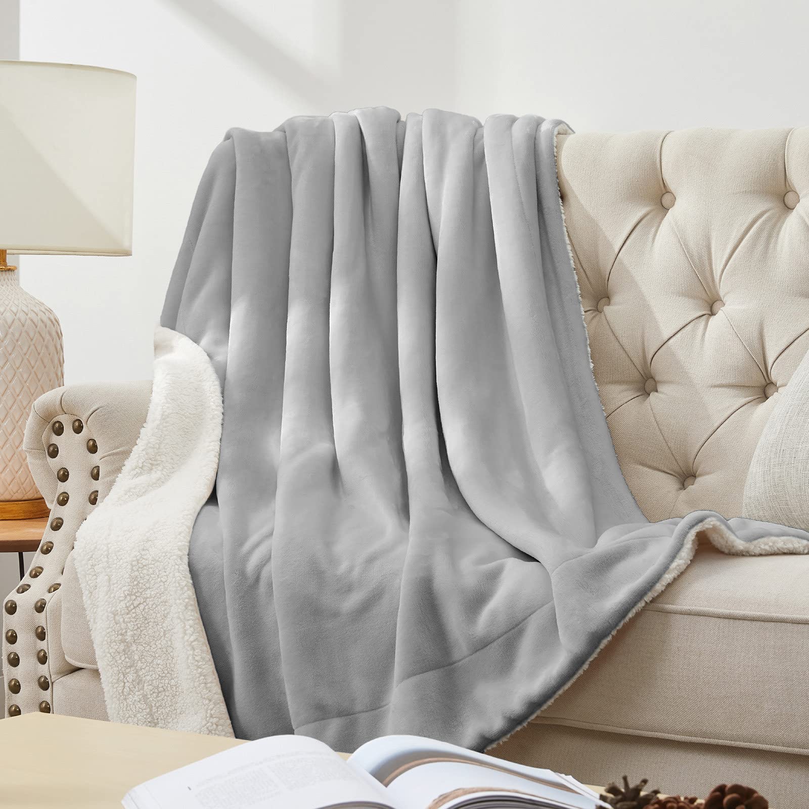 Walensee Sherpa Fleece Blanket - King Size 108”x90” Ash Grey | Ultra Soft Reversible Microfiber Plush Throw | All-Season Cozy Blanket for Bed, Couch & Sofa | Perfect for Winter Nights, Movie Time & Home Decor