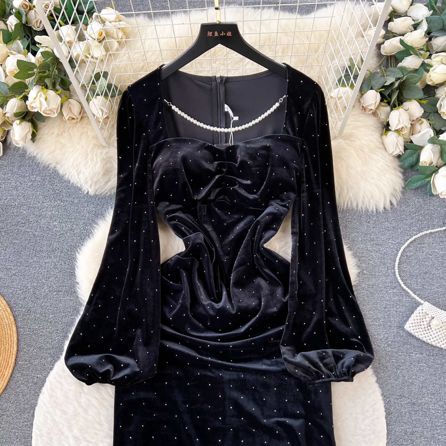 Black Velvet Dot French Dress for Women | Vintage 1878 Style | Perfect for Autumn & Winter Fashion, Parties & Holiday Events