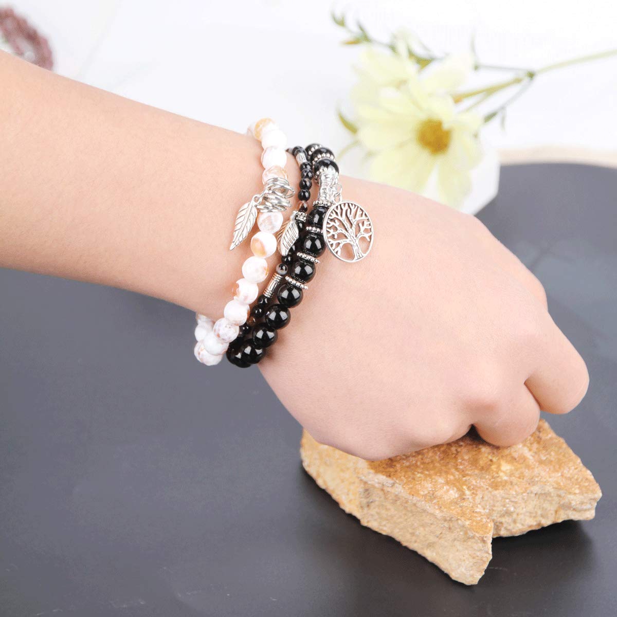 Healing Stone Crystal Beaded Bracelets for Women - Tree of Life Yoga Stretch Bracelet Set, Spiritual Jewelry Birthday Gifts for Her | Meditation, Yoga & Positive Energy Accessories
