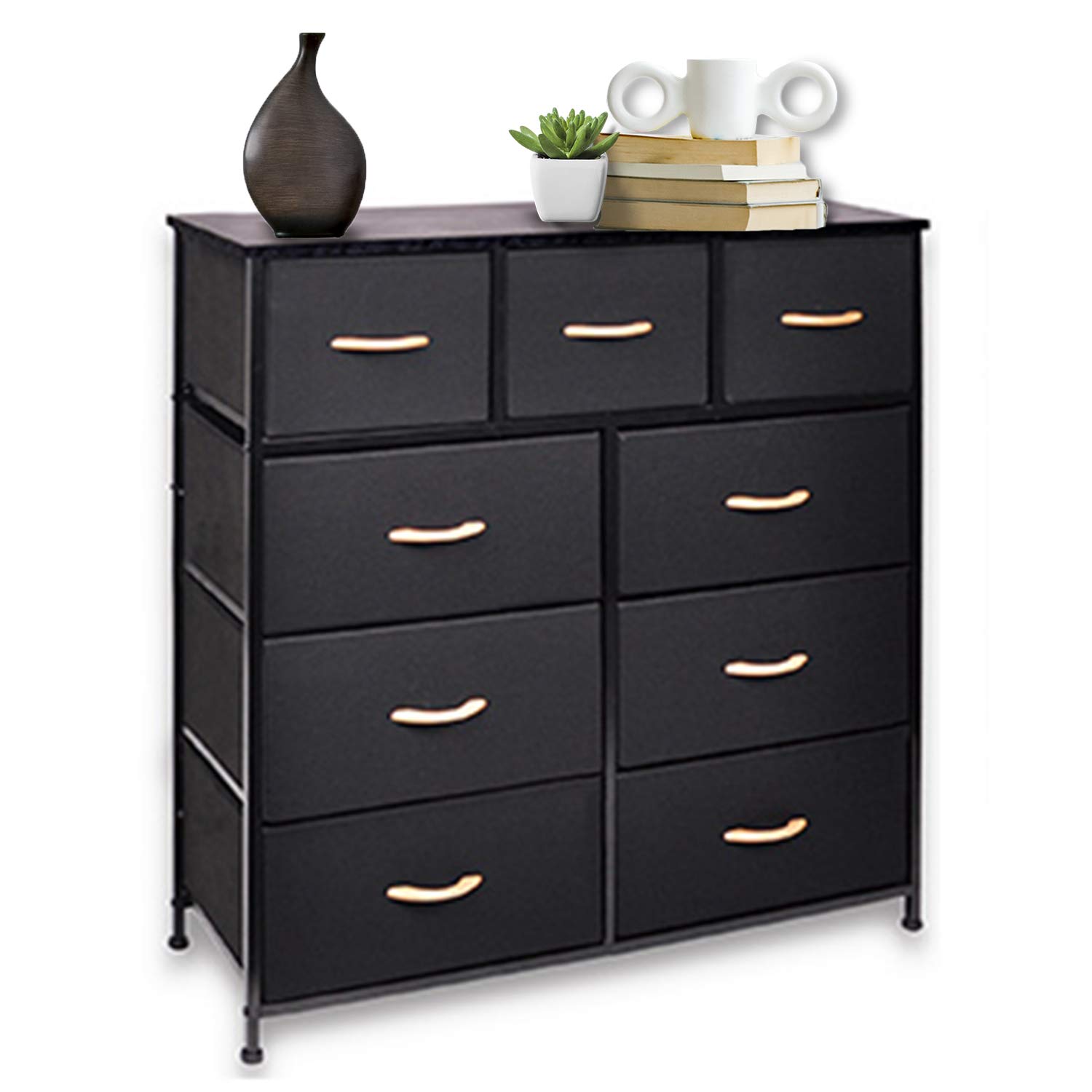 9-Drawer Nightstand with Wood Top & Steel Frame - Fabric Storage Tower for Bedroom & Dorm