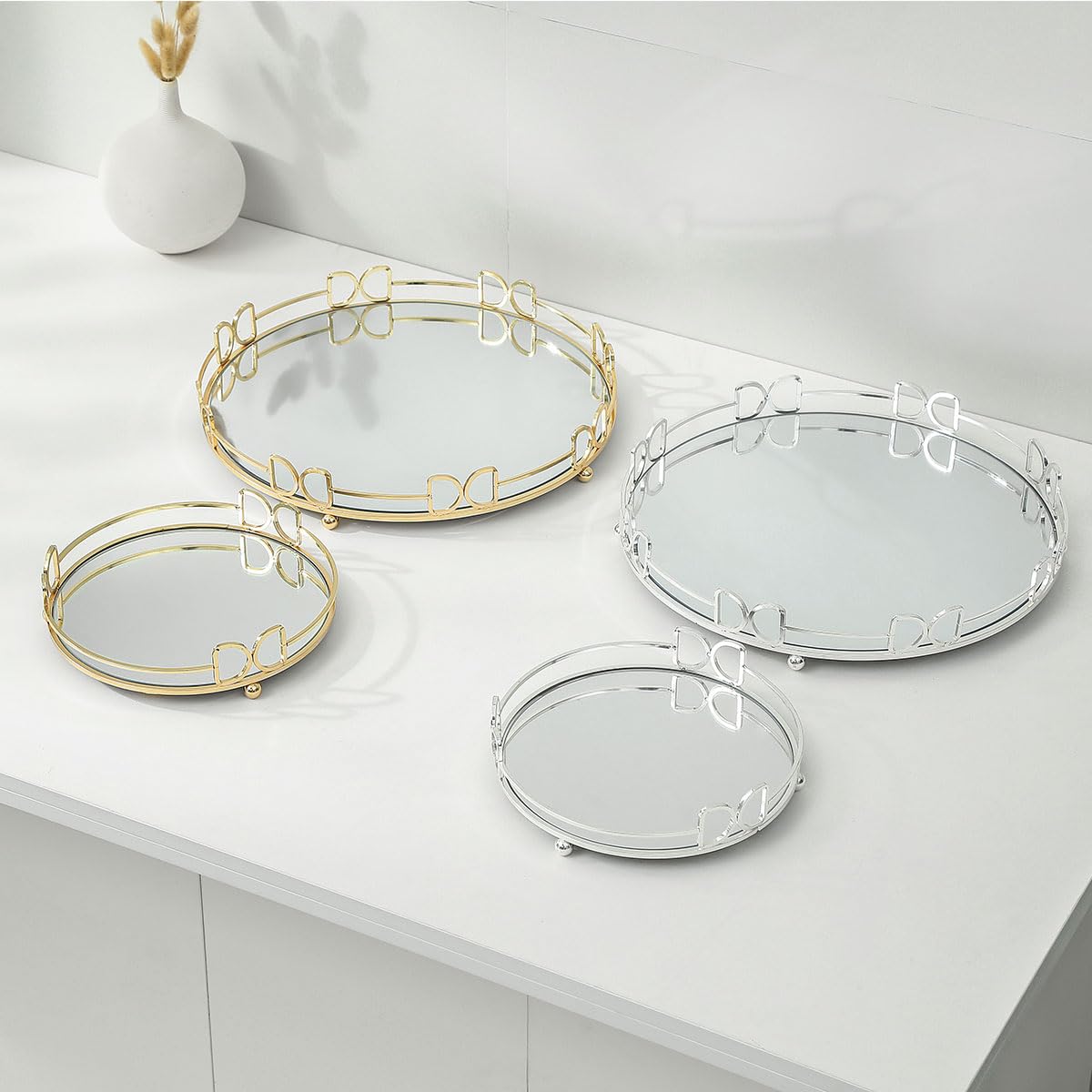 Elegant Round Gold Vanity Tray with Mirror & Bow Design - Perfect for Perfume Display, Jewelry Organizer & Bathroom Decor | Stylish Home Accessory for Dresser, Nightstand & Vanity Table