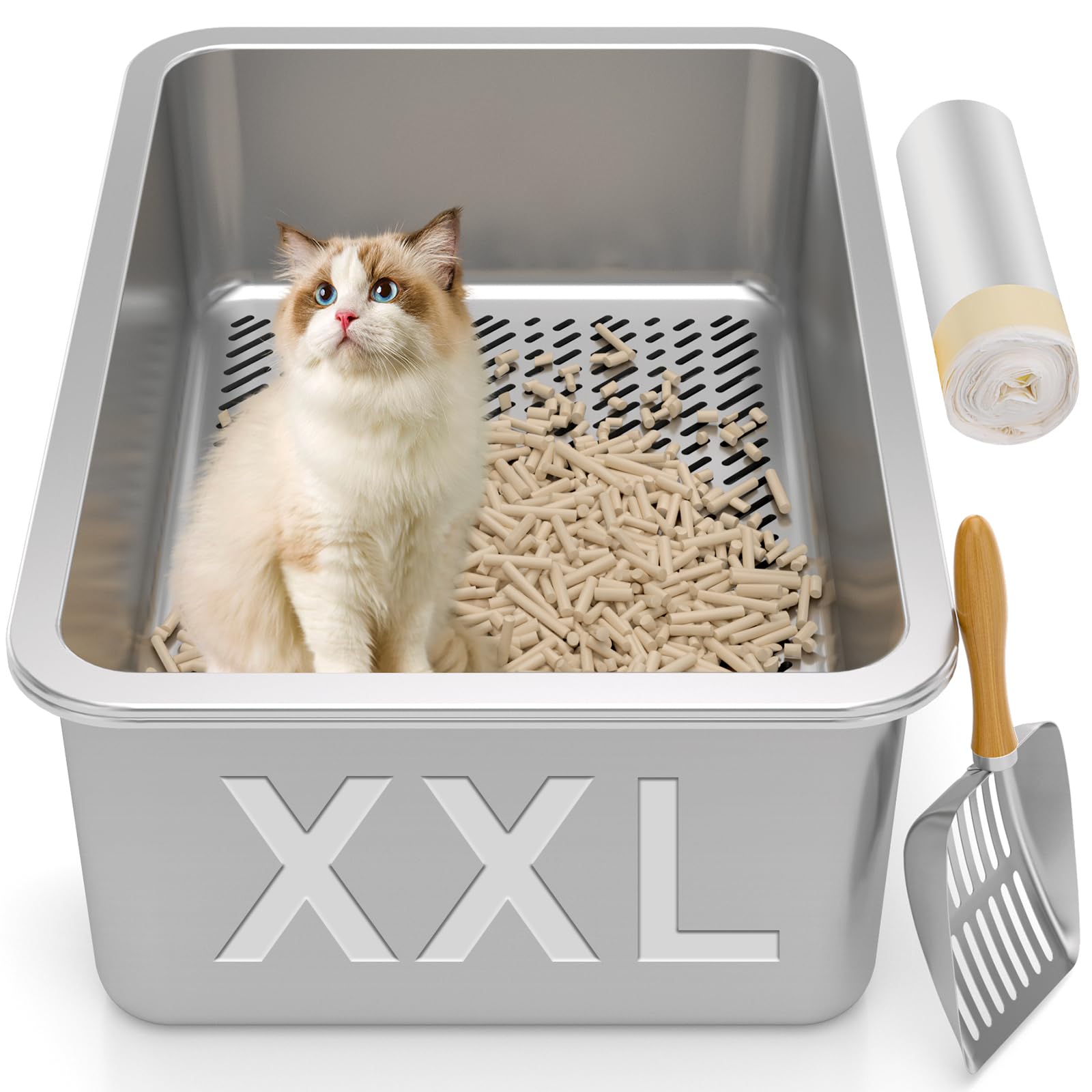 XXL Stainless Steel Sifting Litter Box for Large Cats - Metal Sifter Pan for Wood & Pine Pellet Litter - Extra Large Odor Control Cat Litter System with Scoop & Liners - Easy Clean Design for Multi-Cat Homes & Heavy Duty Use