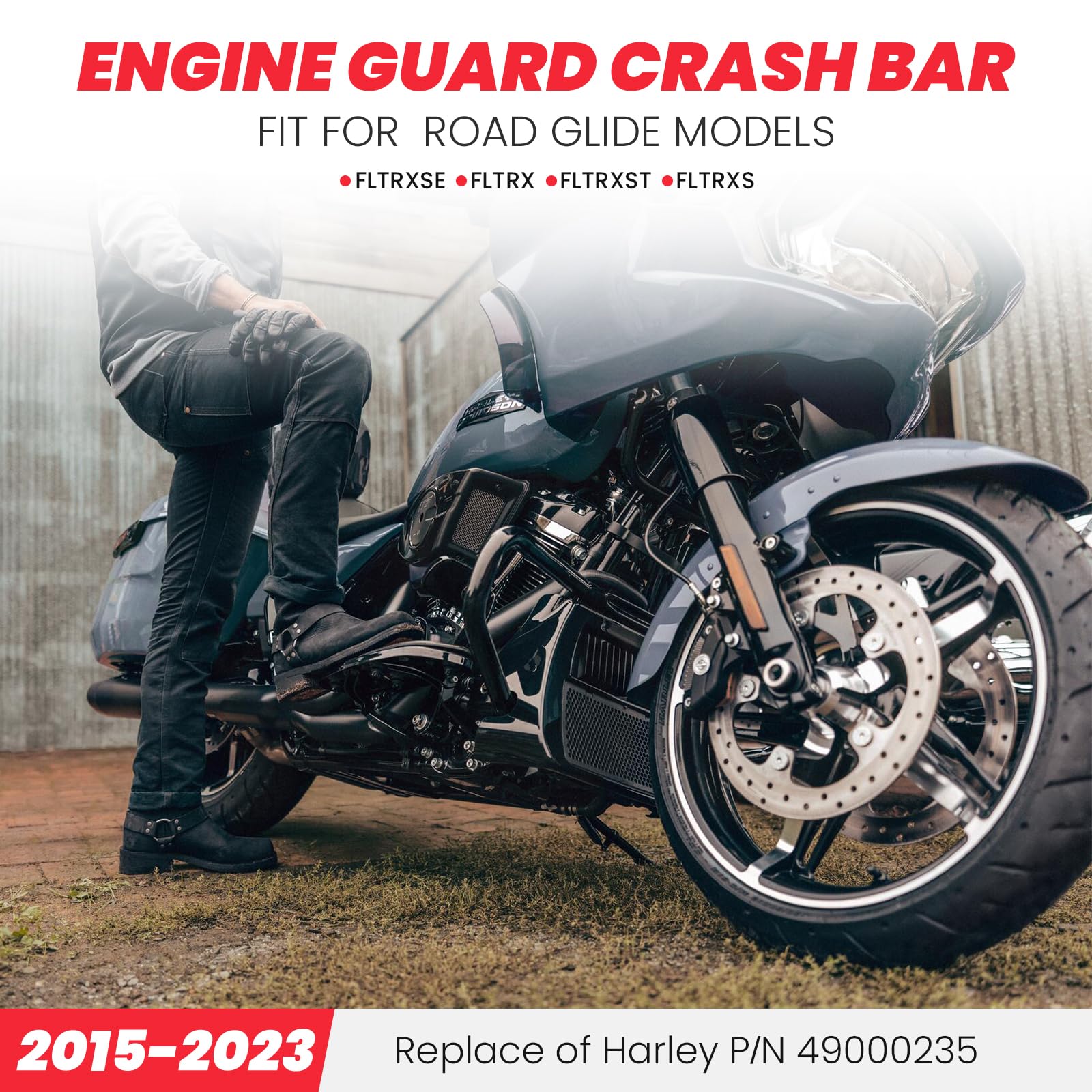 Harley Davidson FLTRX FLTRXS FLTRXST FLTRXSE 2015-2023 Motorcycle Road Glide Chopped Engine Guard Protector Crash Bar - Gloss Black - Durable Protection for Long Rides & Highway Cruising
