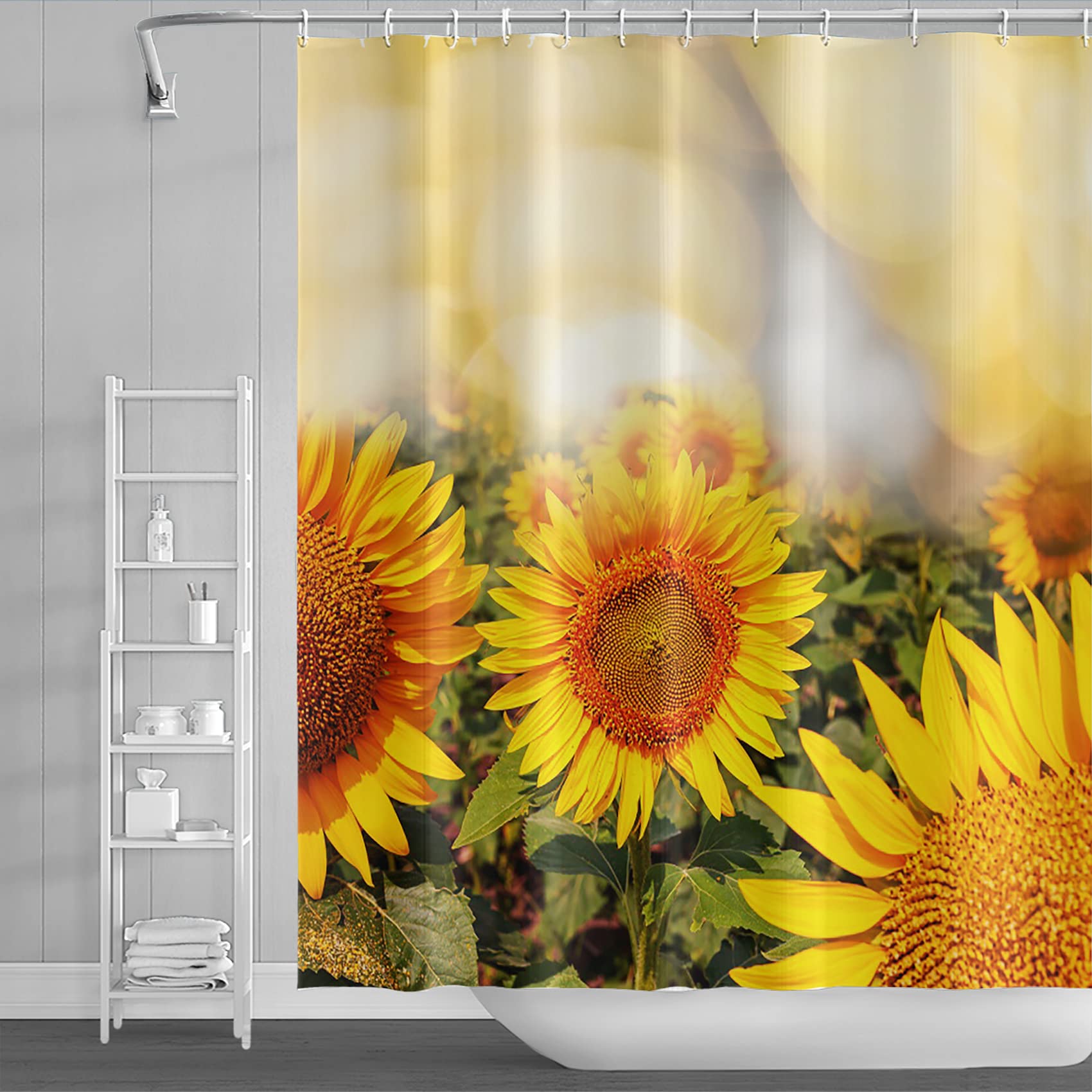 Yeele Sunflower Shower Curtain - Waterproof Polyester Bathroom Decor with 12 Hooks, 36x72 Inches - Nature Landscape Bokeh Design for Summer & Fall Harvest Festival - Perfect for Farmhouse, Rustic, or Boho Bathroom Decor