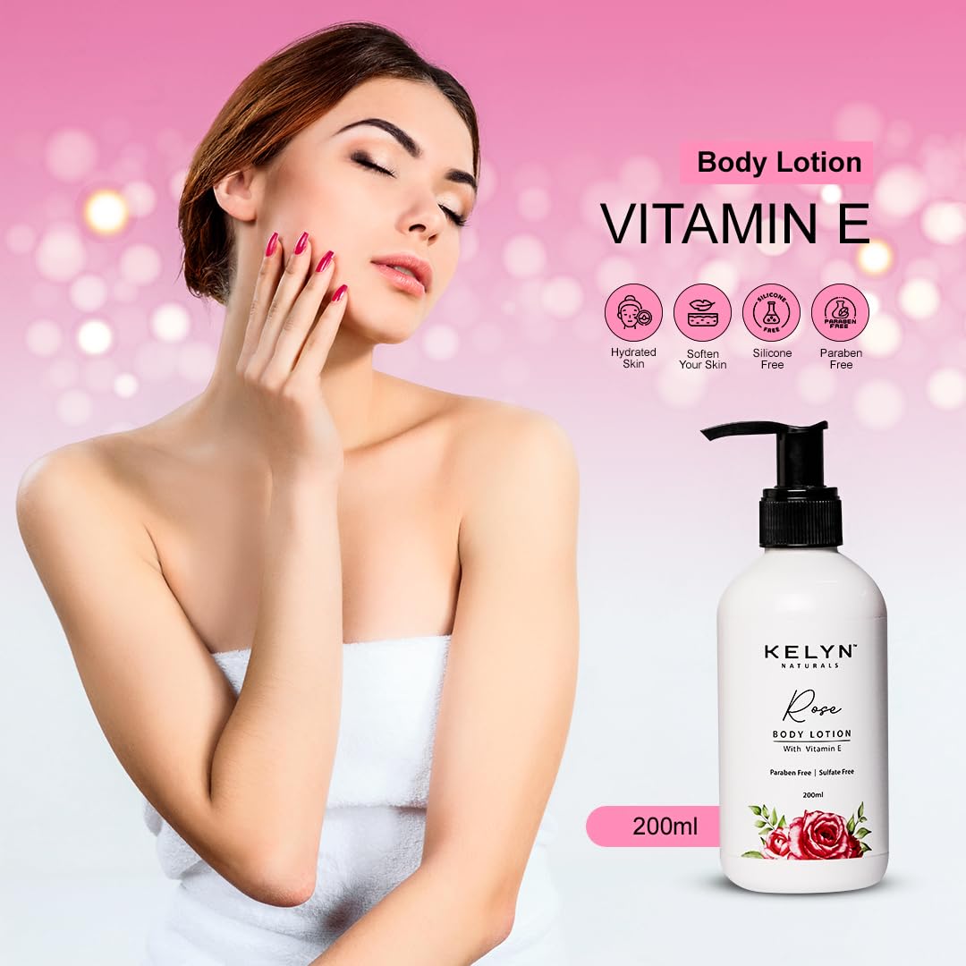 KELYN Vitamin E Rose Body Lotion for Dry Skin - 24 Hour Moisturizing Cream with Pump Bottle (200ml) | Perfect for Daily Hydration & Soft Skin Care Routine