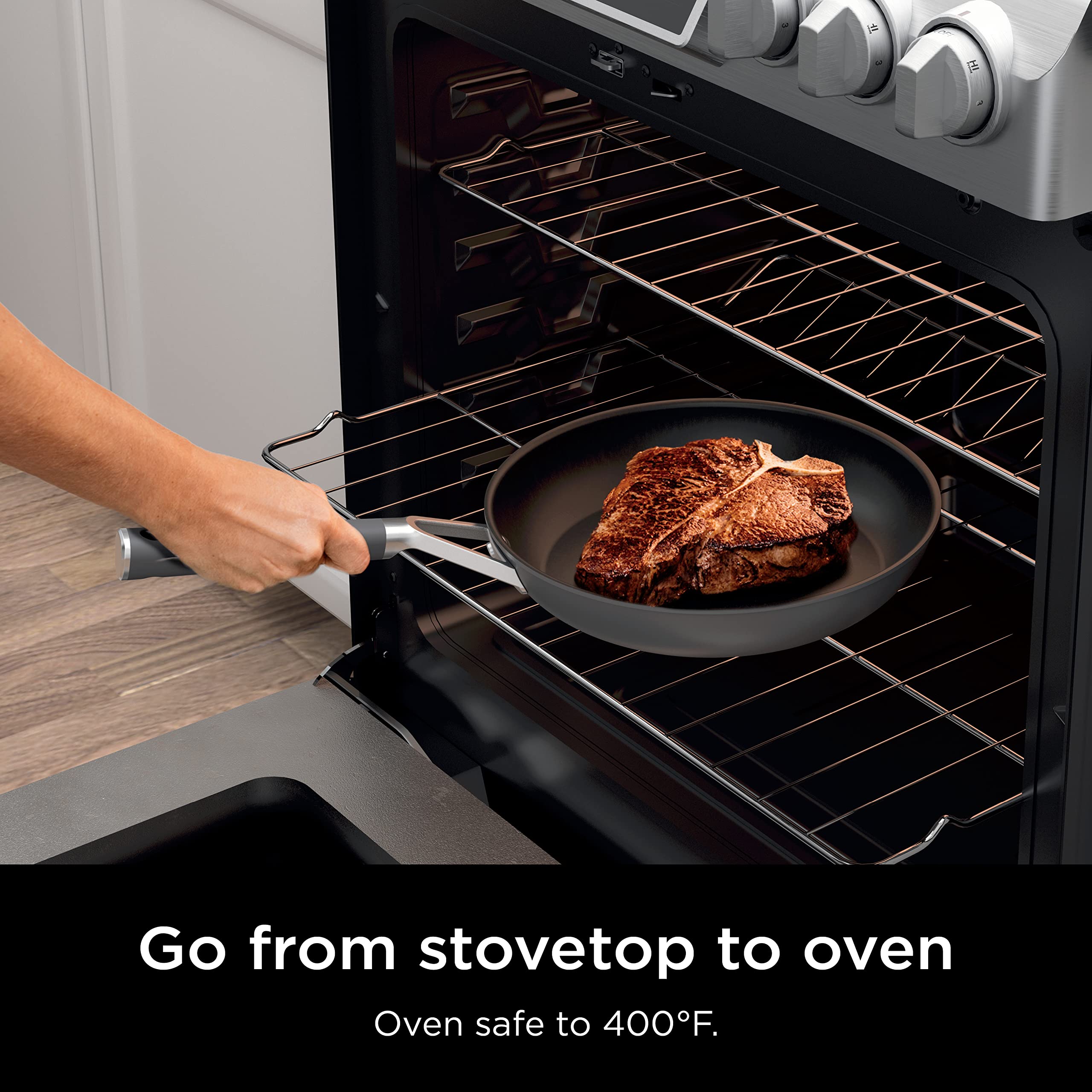 Ninja CW60030 NeverStick Comfort Grip 12-Inch Nonstick Frying Pan - Durable, Scratch Resistant, Dishwasher & Oven Safe (Up to 400°F) with Silicone Handles, Grey - Perfect for Searing, Frying & Baking at Home