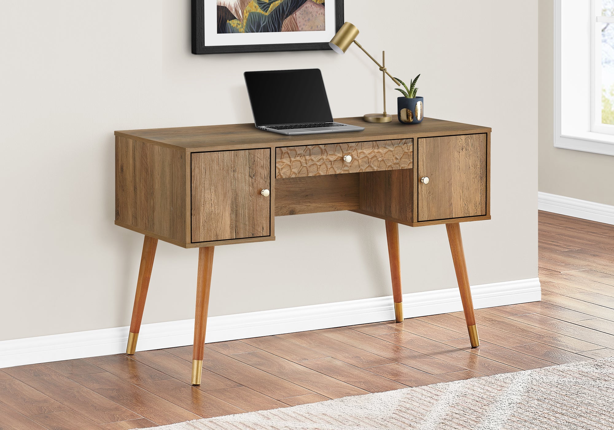 Mid Century Modern 48L Office Storage Cabinet in Walnut - Stylish & Functional Home Office Furniture for Organization & Workspace Decor