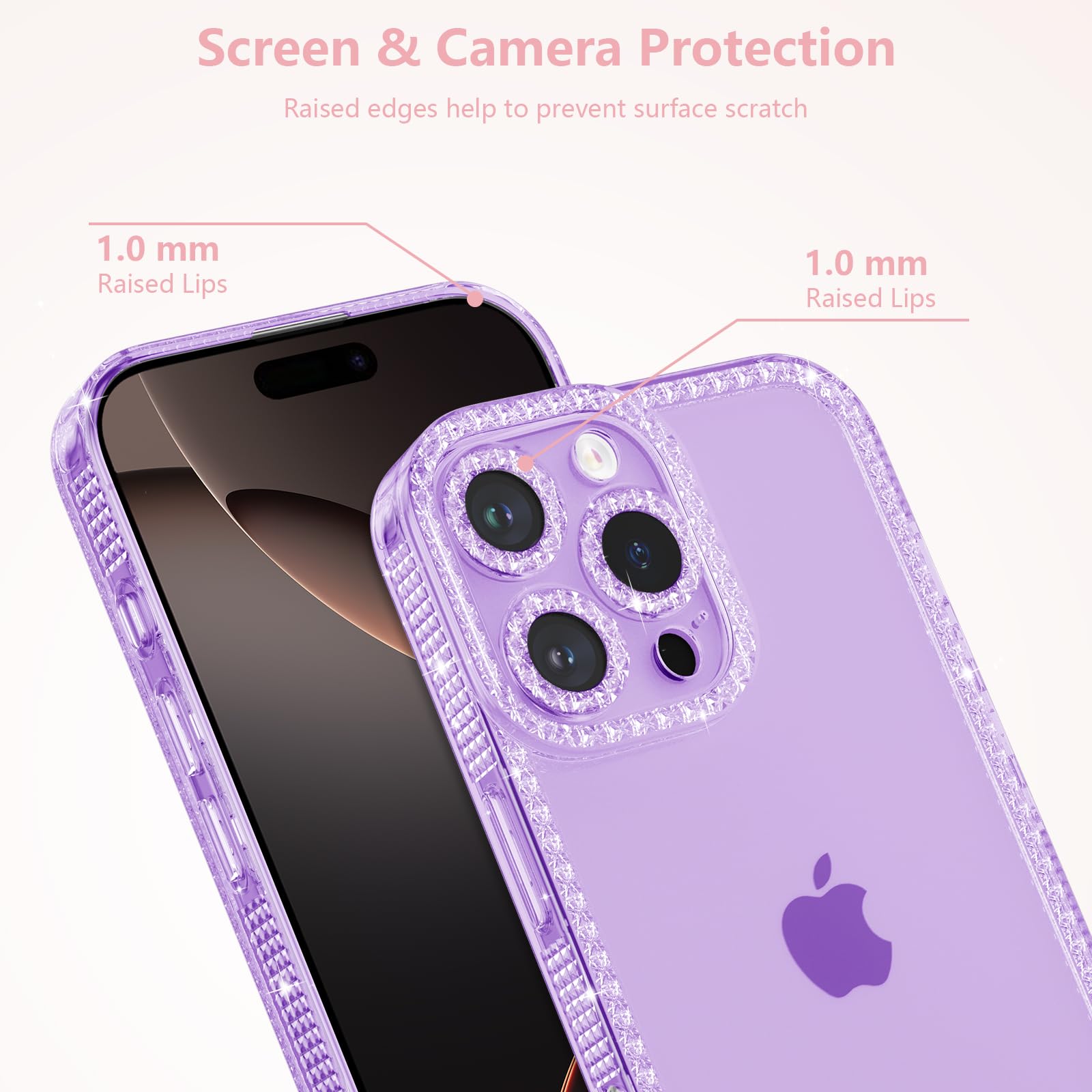 ZTOFERA Sparkly Glitter Clear Case for iPhone 15 Pro Max 6.7 inch - Cute Purple Bling Flexible Soft TPU Silicone Protective Cover for Women & Girls - Perfect for Everyday Use, Parties, and Special Occasions