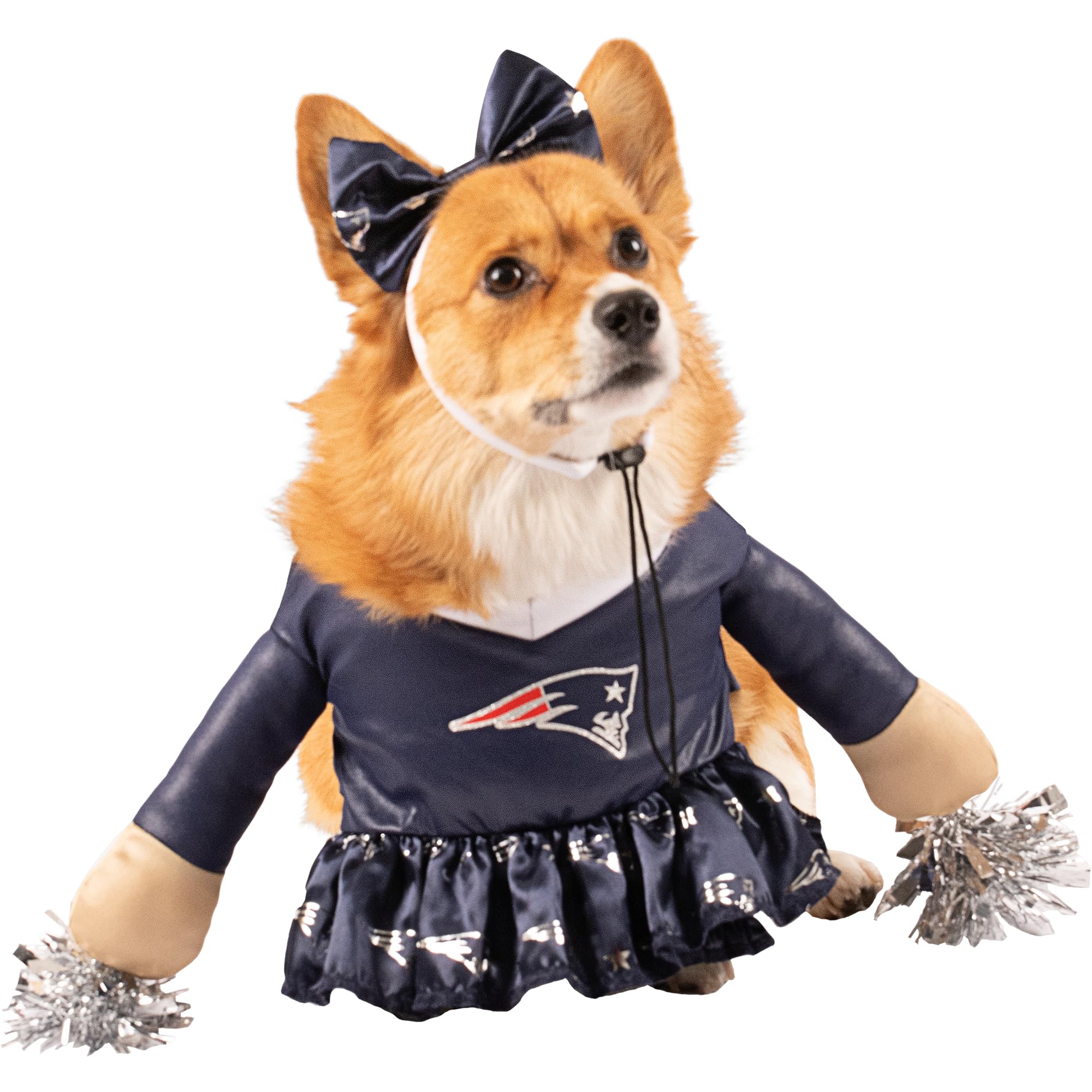 New England Patriots NFL Officially Licensed Cheer Dog Costume with Faux Stuffed Arms, Tinsel Pom-Poms & Satin Bow Headband – Large Size for Game Day & Pet Parties