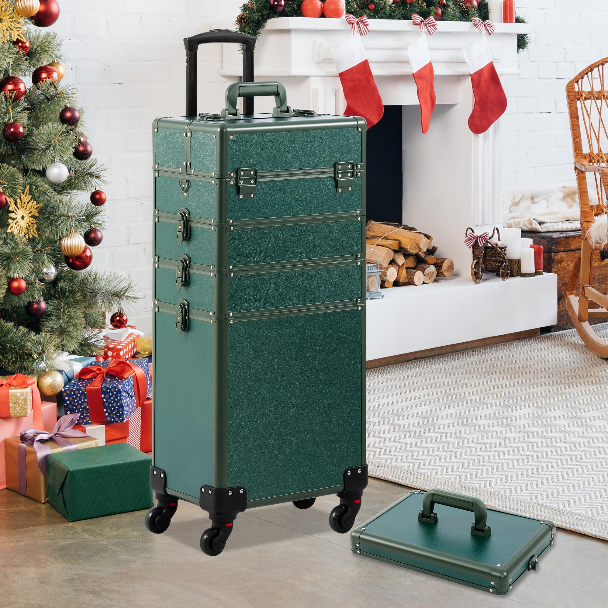 Professional Rolling Makeup Train Case with Lid - 5-in-1 Portable Cosmetology Organizer on Wheels for Salon, Barber & Travel | Large Cosmetic Storage Case | Perfect Christmas Gift for Makeup Artists (Green) | Ideal for Mobile Stylists, Salon Professionals & Beauty Enthusiasts