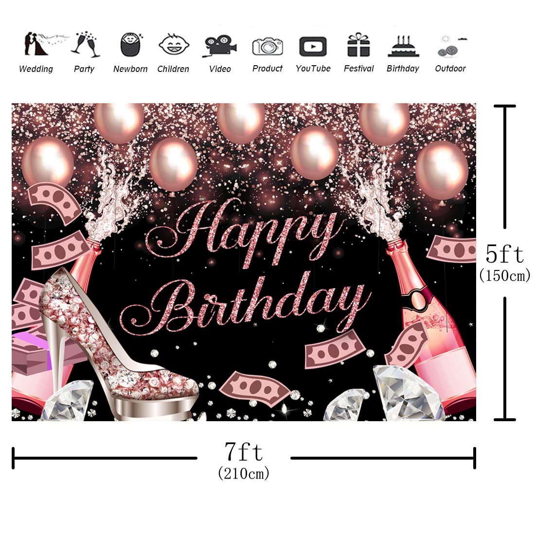 7x5ft Pink Rose Gold Happy Birthday Backdrop with Glitter Dots & Diamonds - Photography Background for Sweet 16, 18th Birthday Party Decorations - Perfect for Girls, Women, Cake Tables, Photo Booths & Banner Supplies