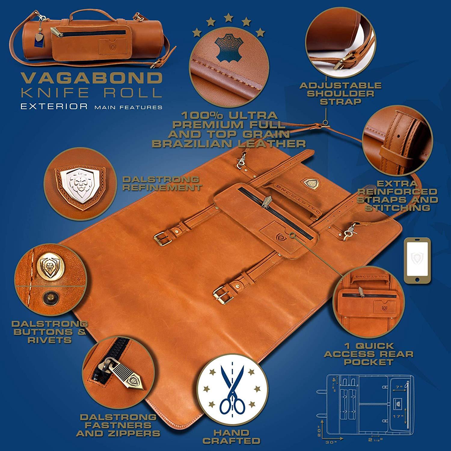 Premium Full Grain Leather Knife Roll for Chefs - California Brown Vagabond Knife Roll by Dalstrong - Perfect for Professional Kitchens, Culinary Students & Traveling Chefs
