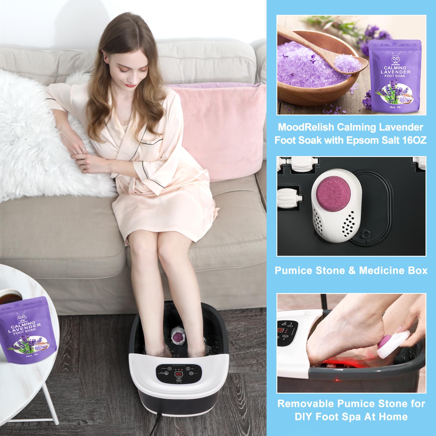 Relaxing Foot Spa Massager with Heat, Bubbles & Vibration - 16oz Lavender Epsom Salt Included - 22 Rollers & Red Light Therapy - Adjustable Temperature for Home Spa & Pain Relief (Black) - Perfect for Stress Relief, Foot Care & Relaxation After Work
