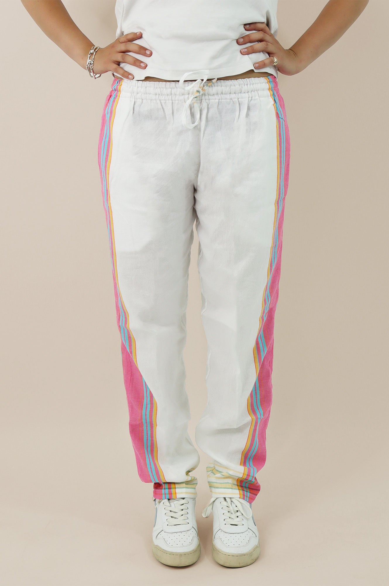 Unisex Kikoy Pants for Men & Women - Comfortable Cotton Beachwear & Lounge Pants in White & Pink - Perfect for Vacation, Yoga, and Summer Outfits