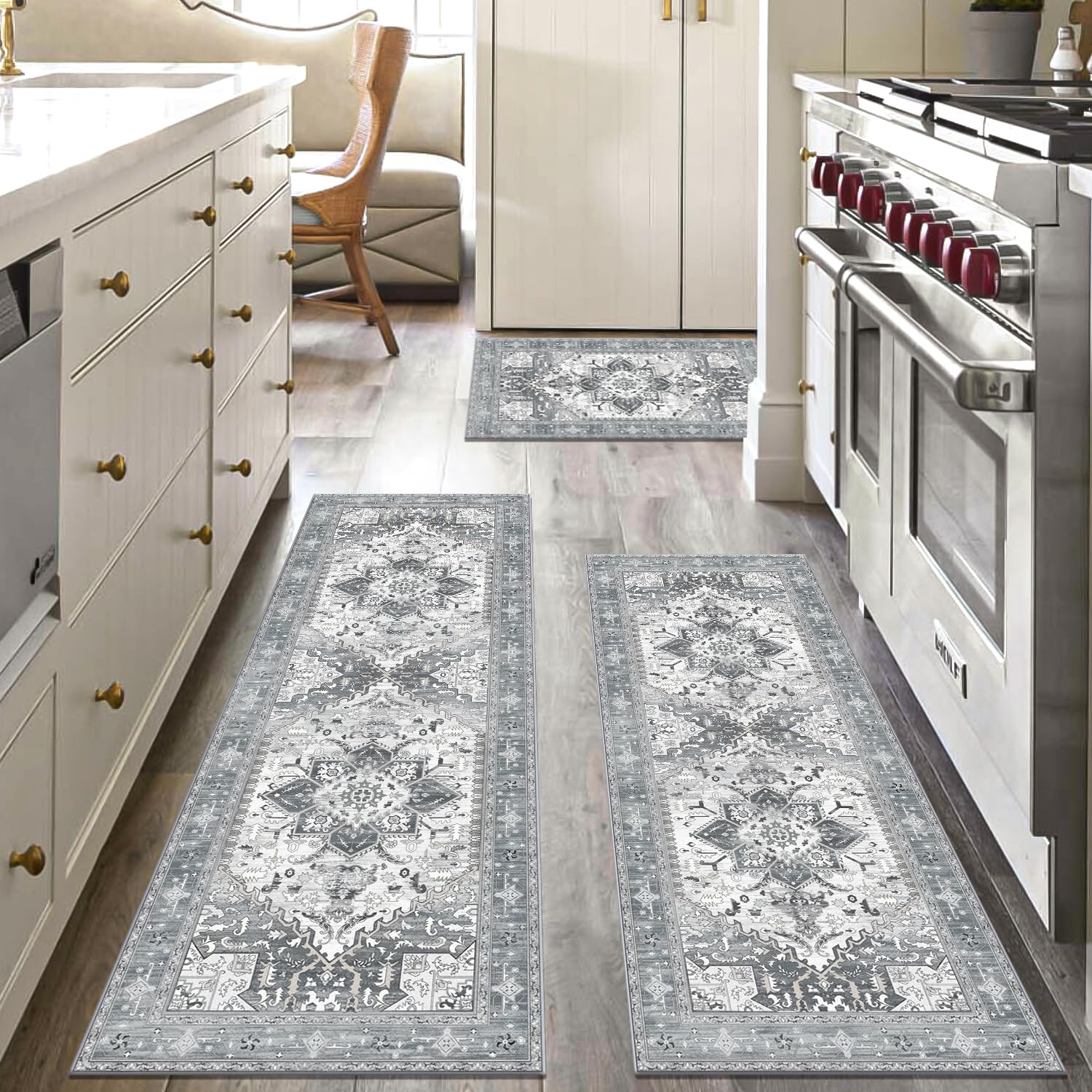 Yamaziot Boho Washable Kitchen Rugs Set of 3 - Non-Slip Rubber Backing, Waterproof & Stain Resistant Thick Floor Mats - Perfect for Kitchen, Laundry Room, Hallway - Grey (Home Decor & Safety Upgrade)