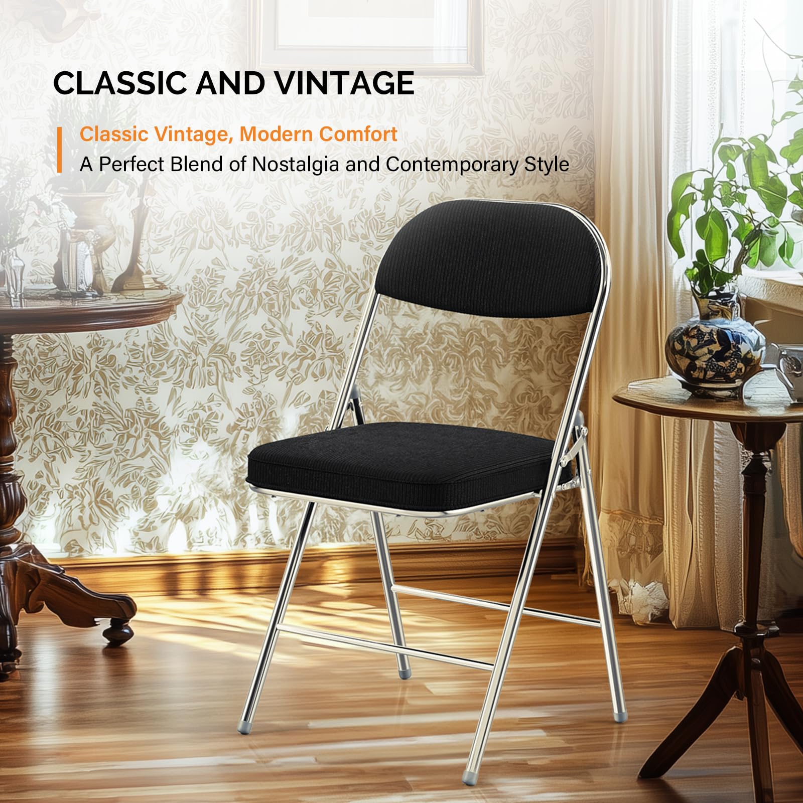VINGLI 4-Pack Folding Chairs with Padded Seat & Backrest - Heavy Duty Metal Frame, Durable Corduroy Fabric, 350 lbs Weight Capacity - Perfect for Weddings, Parties, Office Events, Camping & Outdoor Gatherings - Black