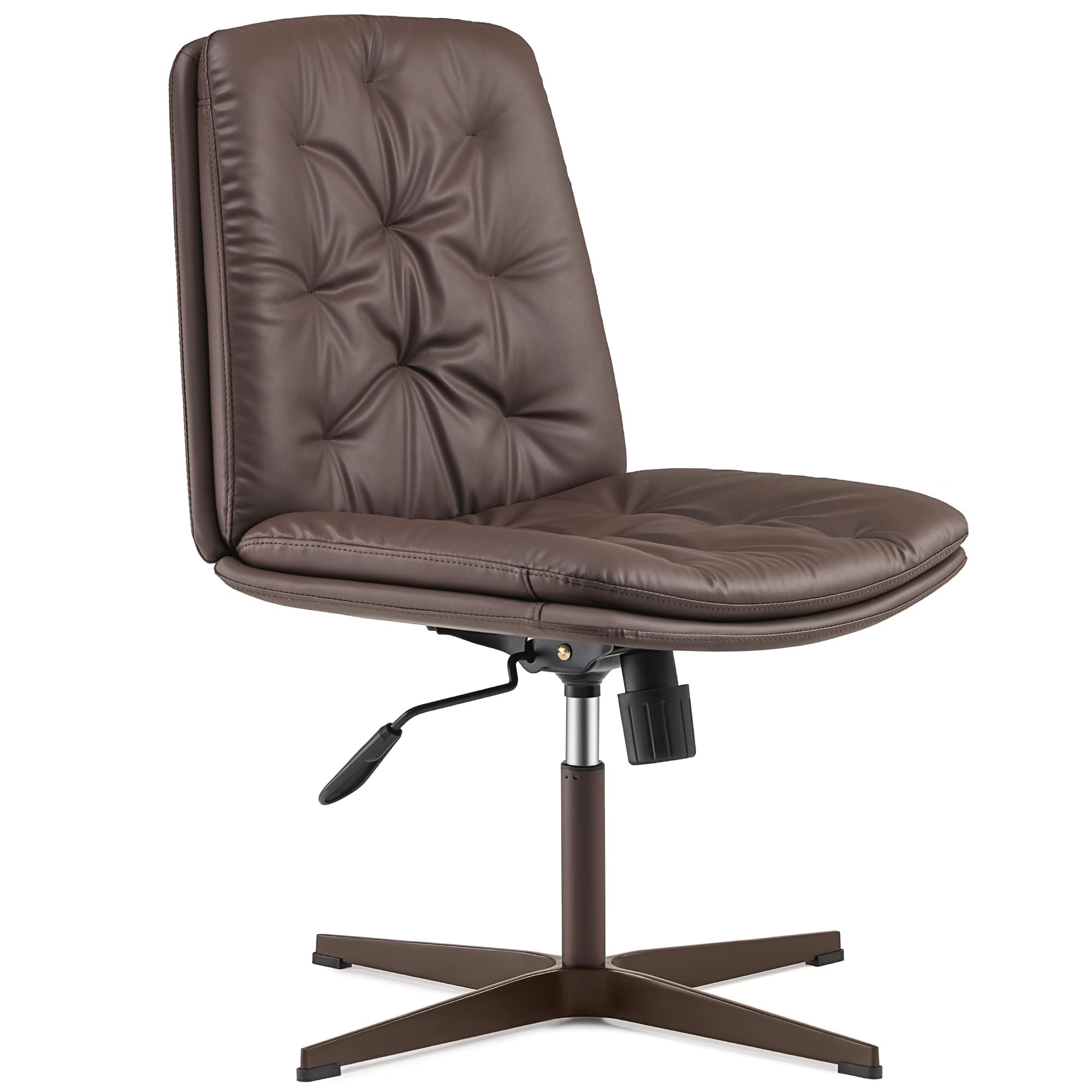 EMIAH PU-Padded Mid-Back Office Chair - No Wheels No Arms Computer Desk Chair, Swivel Task Chair for Home Office, Vanity, Gaming & Study - Brown Leather-Like Comfort Seat