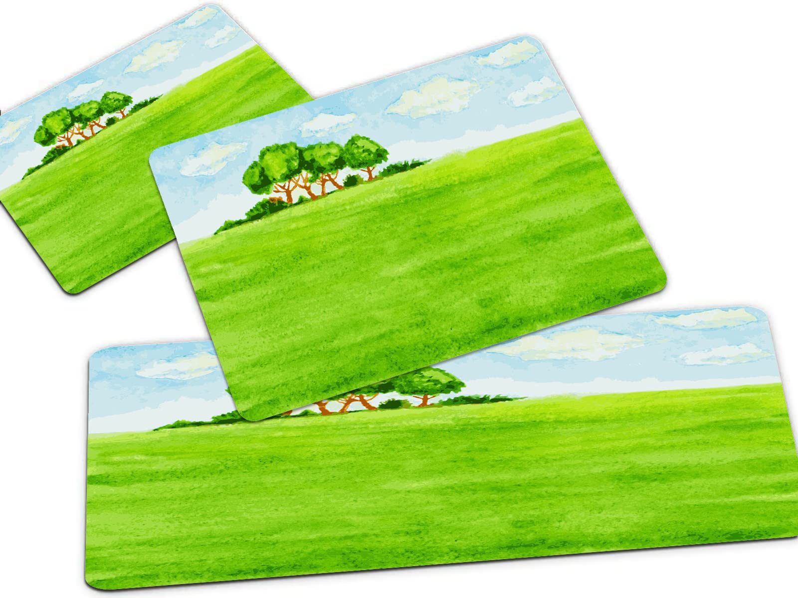 Non-Slip Kitchen Mat Set of 3 - Watercolor Landscape Design with Hand-Drawn Trees, European Pastoral Rugs for Bathroom, Doormat & Standing Mats | Washable Floor Mats for Home Decor, Comfort & Safety | Perfect for Kitchen, Entryway & Bathroom Use