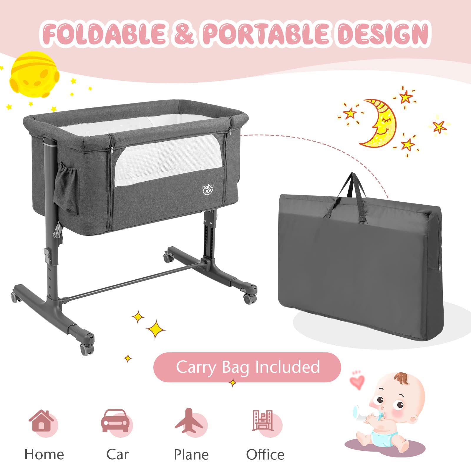 **BABY JOY 3-in-1 Adjustable Height Folding Bassinet & Bedside Sleeper with Mattress, Lockable Wheels, Storage Pocket & Carry Bag – Portable Crib for Newborns & Infants (Grey) – Ideal for Nursery, Travel & Co-Sleeping**