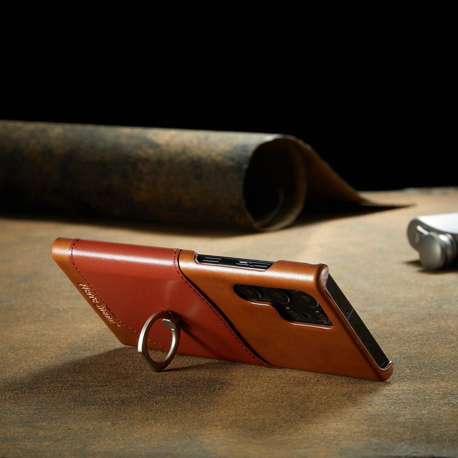 Samsung Galaxy S24 Plus Genuine Leather Phone Case with Ring Stand - Perfect for Work, Travel & Everyday Protection