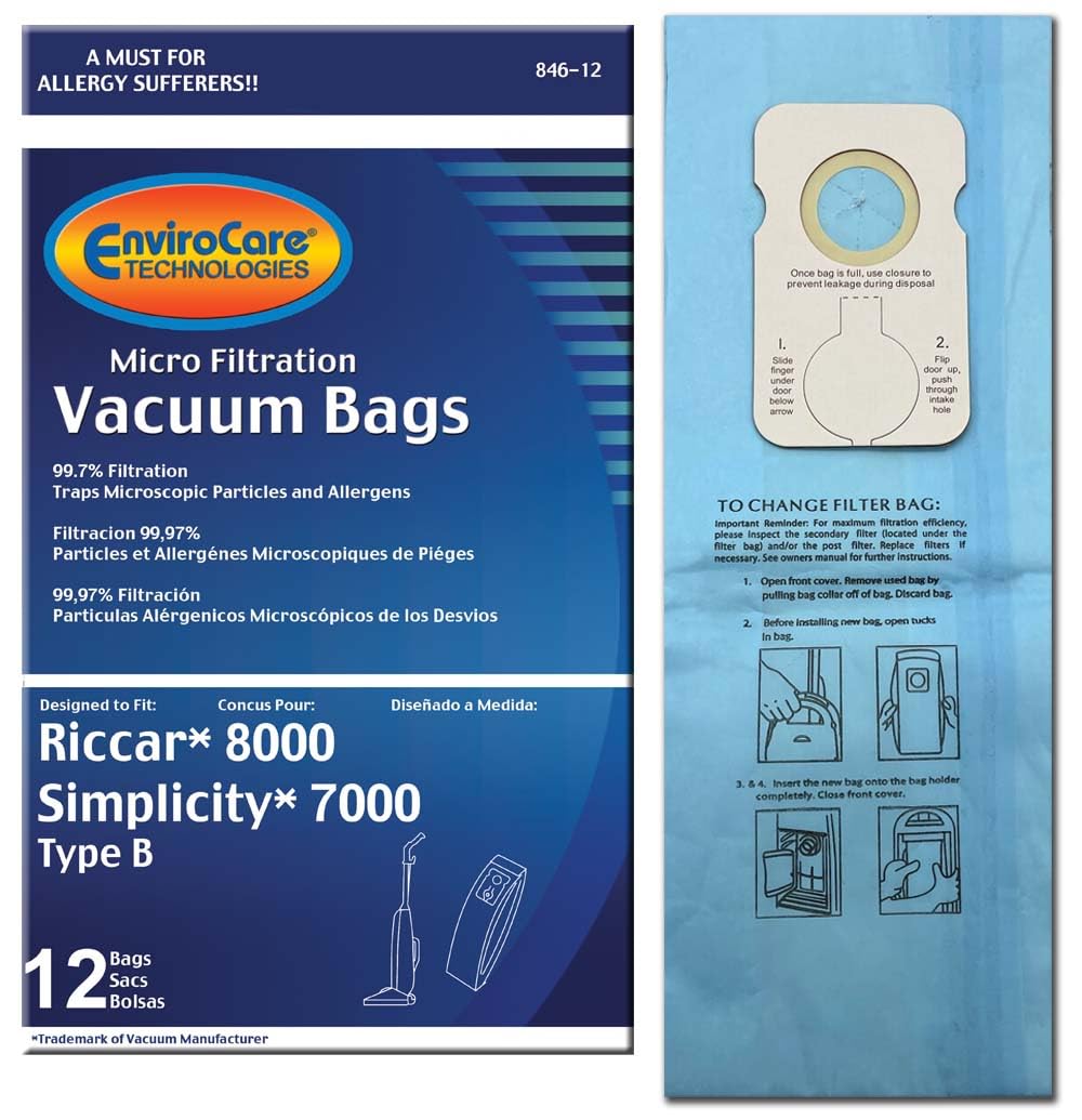 12 Pack Riccar 8000 & Simplicity 7000 Type B Vacuum Bags - Compatible with Upright & Commercial Vacuum Cleaners (Models 7000-7950) - Premium Filtration for Home, Office & Commercial Cleaning