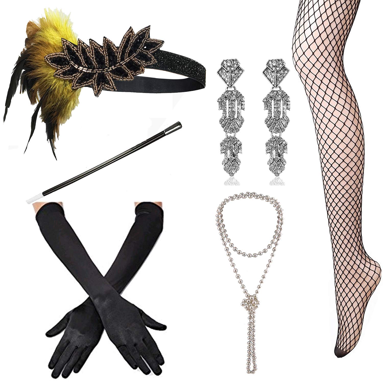 1920s Flapper Accessories Set - Headband, Earrings, Pearl Necklace for Vintage Parties & Costumes