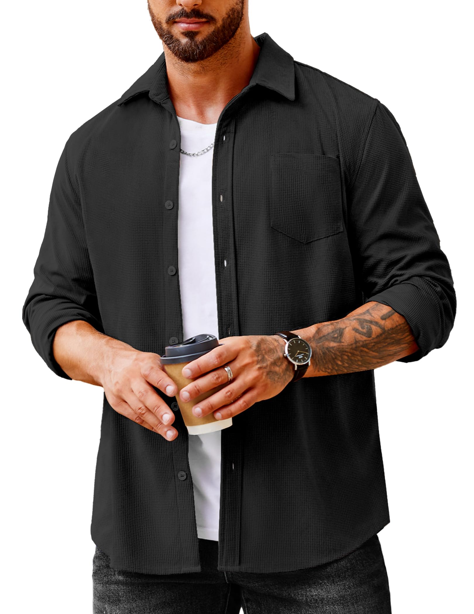 COOFANDY Men's Waffle Knit Button Down Shirt - Casual Long Sleeve Shacket Jacket with Pockets | Warm Layering for Fall & Winter | Perfect for Outdoor Activities, Work & Date Nights