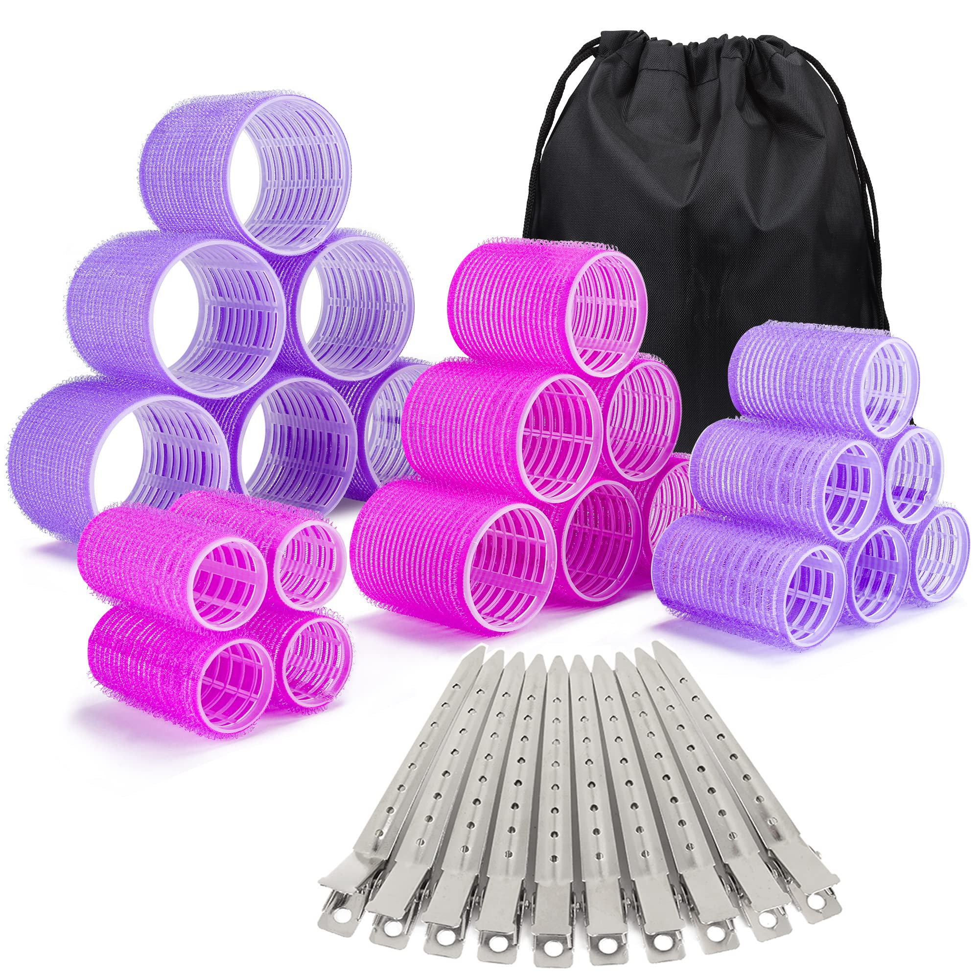 33 Piece Self Grip Hair Rollers Set - Large & Medium Hair Curlers for Long, Medium & Short Hair with 22 Rollers, 10 Stainless Steel Clips & Storage Bag | Perfect for Home Salon, DIY Styling, and Professional Hair Care