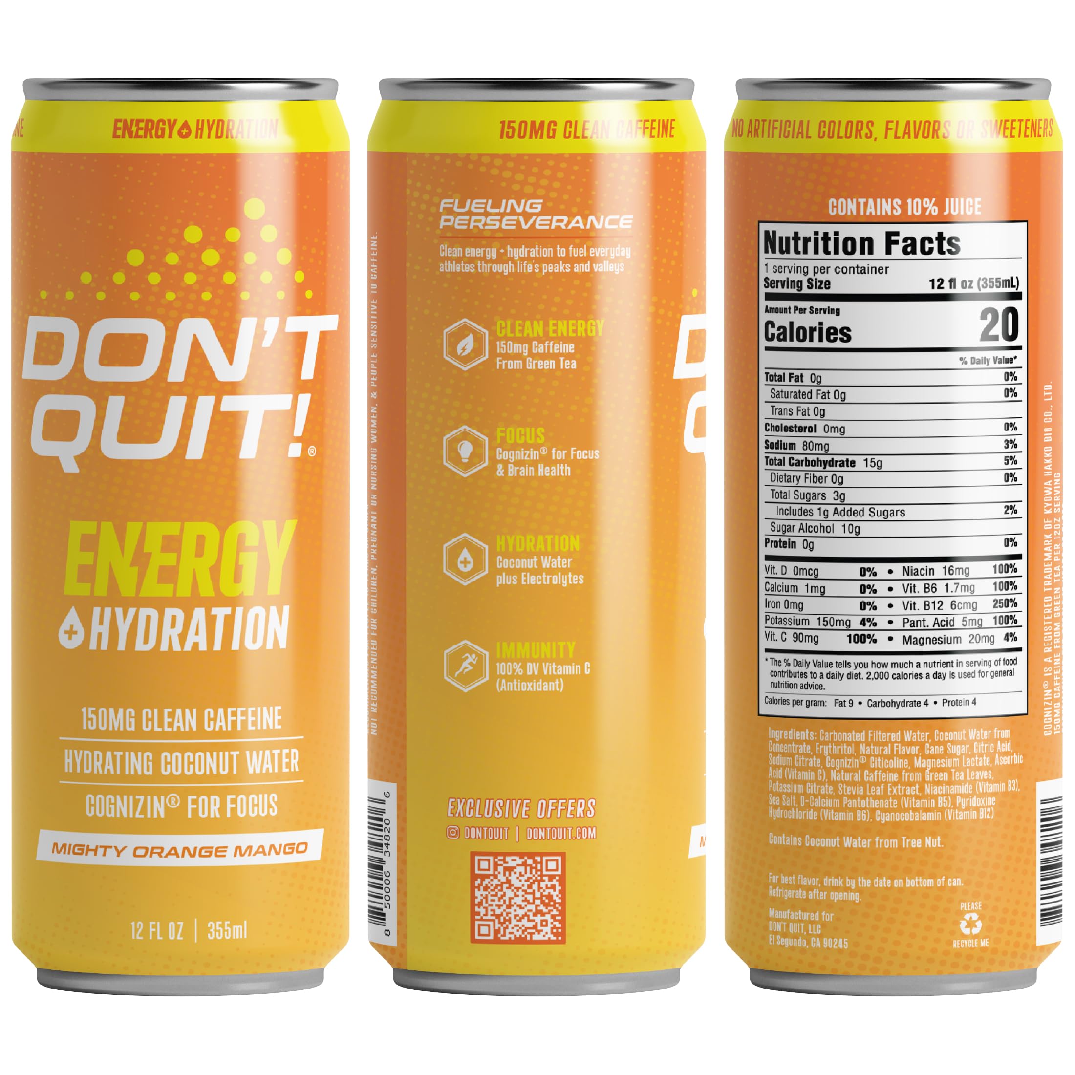 DON’T QUIT Clean Sports Energy Drink - 150mg Natural Caffeine, Coconut Water & Electrolytes for Hydration, Cognizin® for Focus - Mighty Orange Mango (12 Pack) | Pre-Workout Boost, Study Aid & Active Lifestyle Hydration