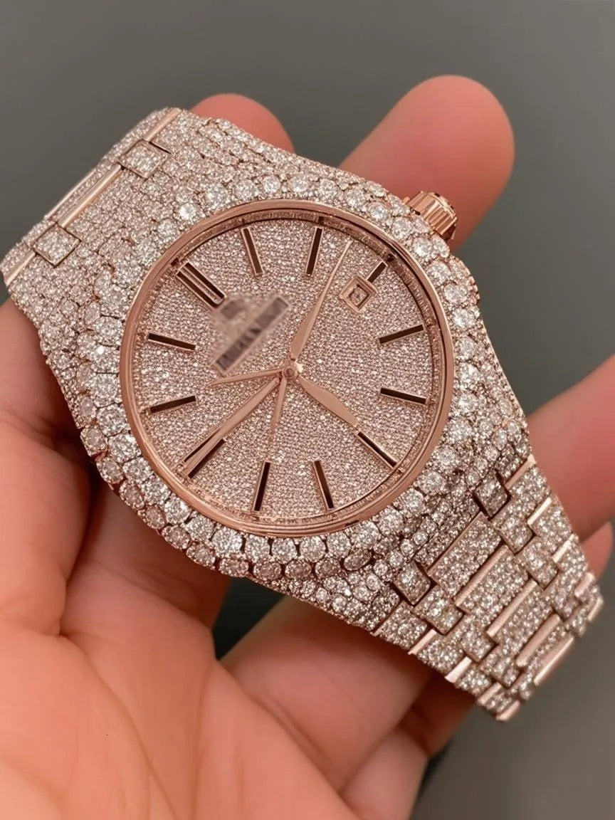 8 Iced Out Diamond Moissanite Fuchsia Watch for Women - Luxury Rose Gold Plated Stainless Steel Band - Perfect for Parties, Weddings & Special Occasions