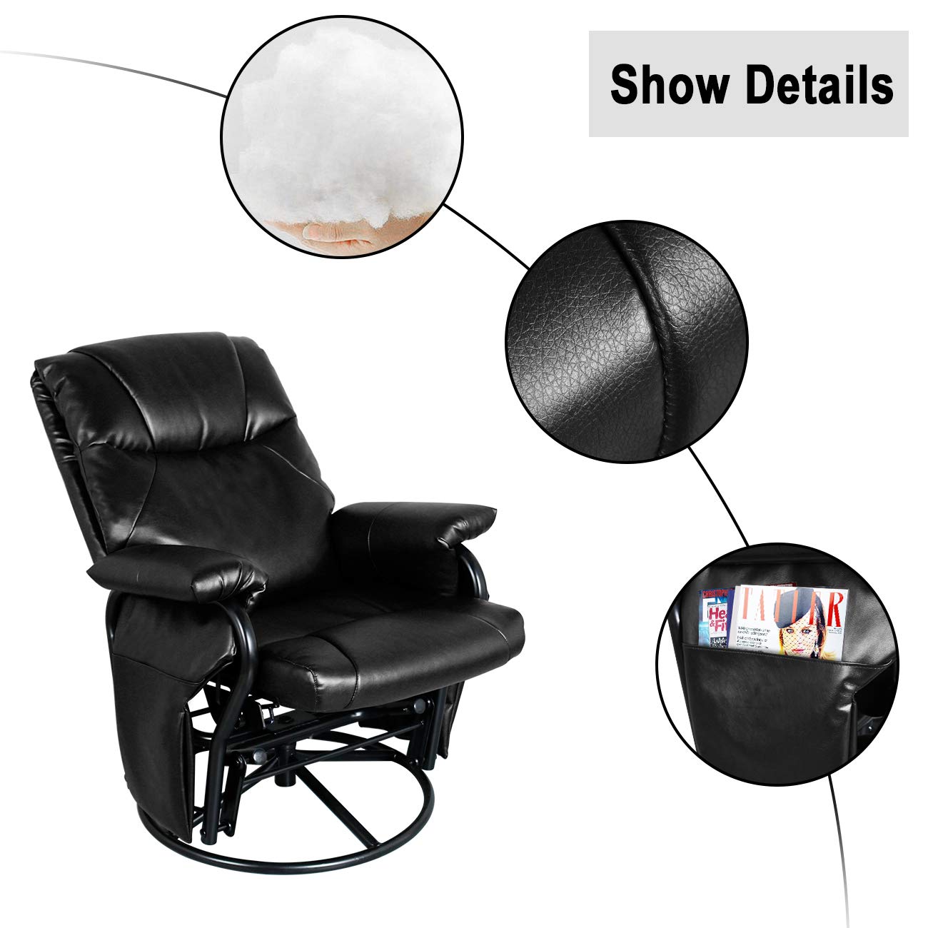 360° Swivel Glider Chair with Ottoman - PU Leather Rocking Recliner Lounge Chair Set for Living Room, Nursery & Patio (Black) - Comfortable Sliding Armchair for Relaxation & Nursing