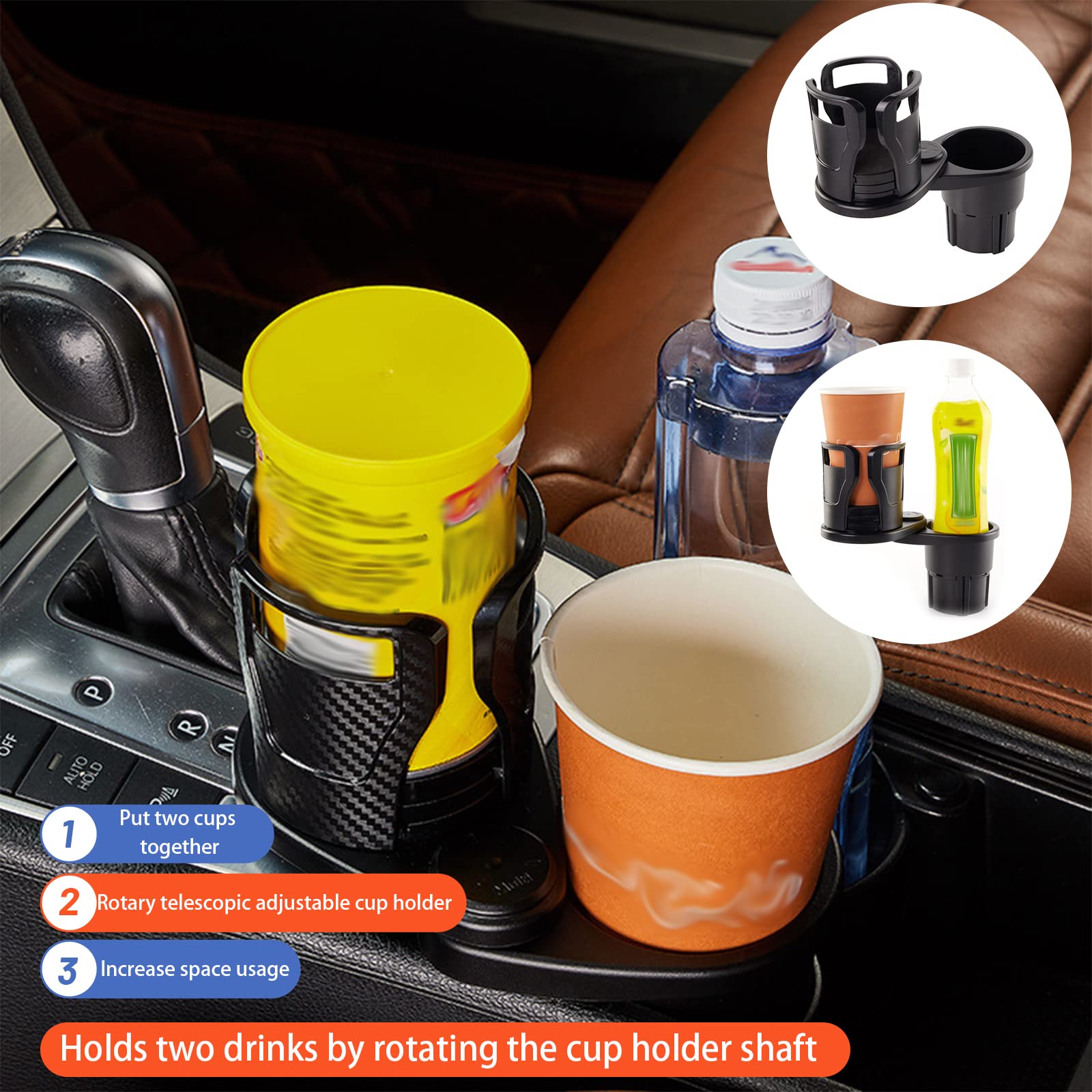 Dual Car Cup Holder Expander - 2-in-1 Multifunctional Adjustable Cup Holder with 360° Rotating Base for Cars, Trucks & SUVs | Extendable Drink Holder for Coffee, Water Bottles & Travel Mugs | Perfect for Commuting, Road Trips & Daily Driving