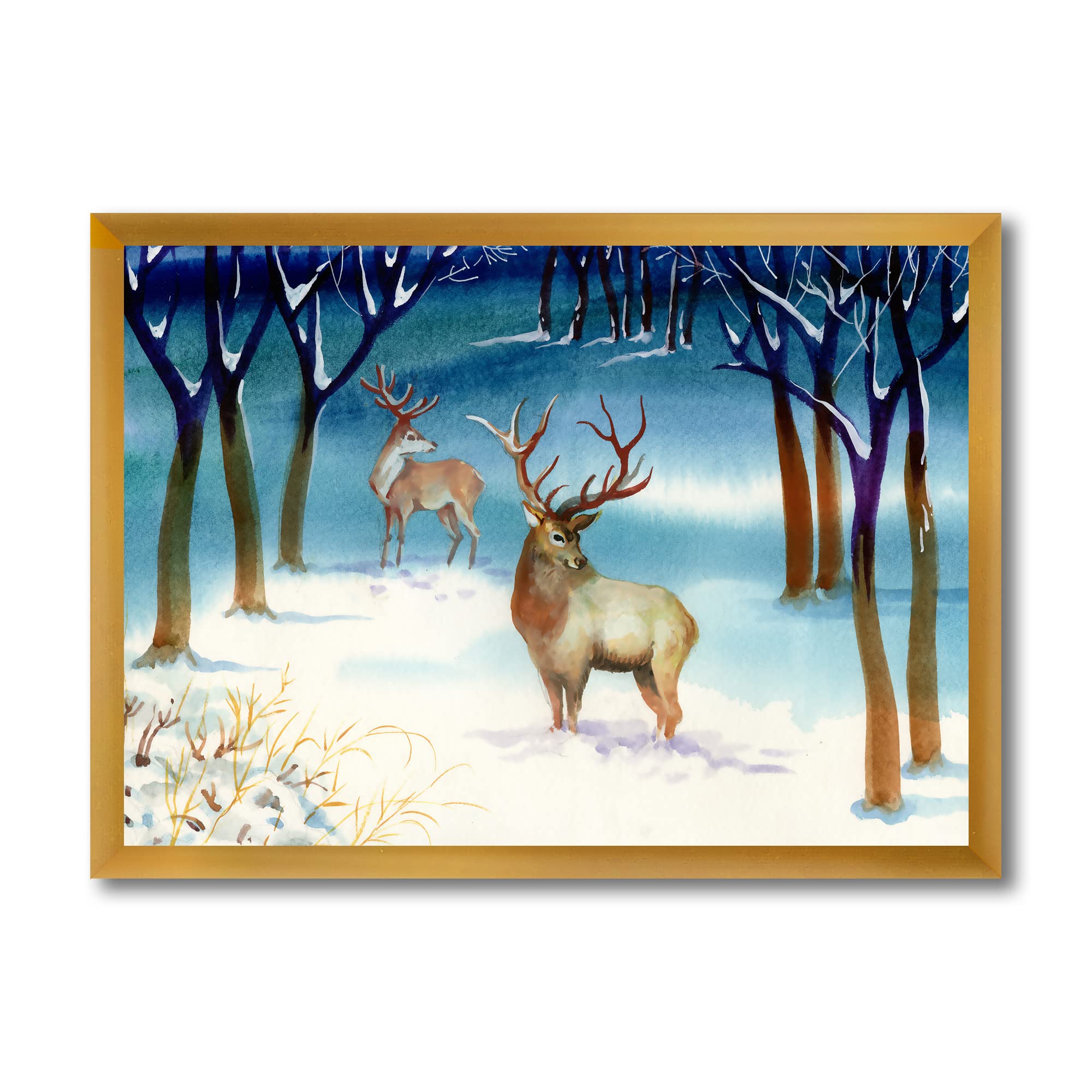 DesignQ Winter Landscape With Deer Traditional Framed Wall Art - Nature Inspired Home Decor for Living Room, Bedroom & Office
