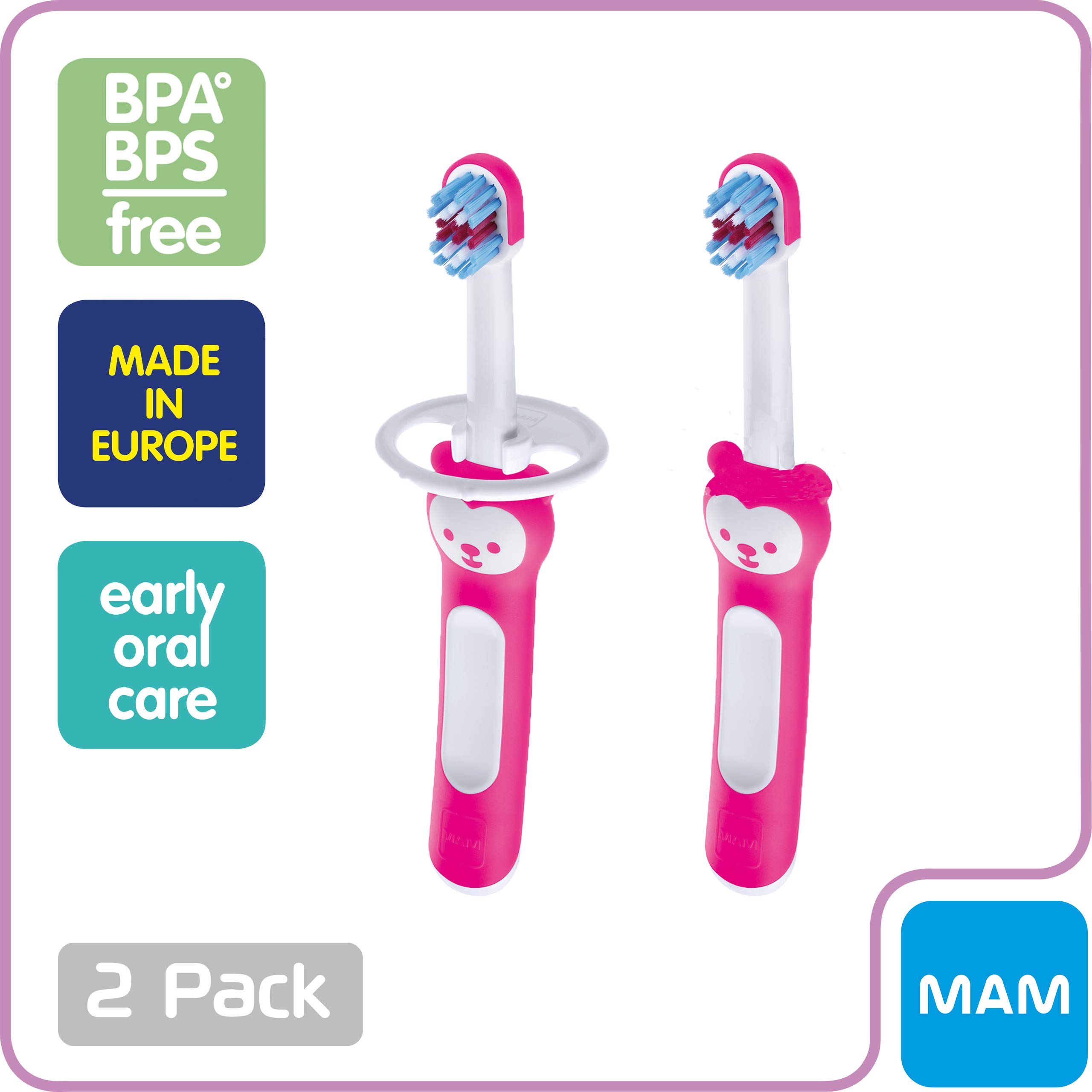 MAM Baby Training Toothbrush Set - 2 Toothbrushes with Safety Shield & Brushy the Bear, Interactive Dental Care App for Girls 6+ Months (Pink) - Perfect for First Teeth Care & Toddler Oral Hygiene Development